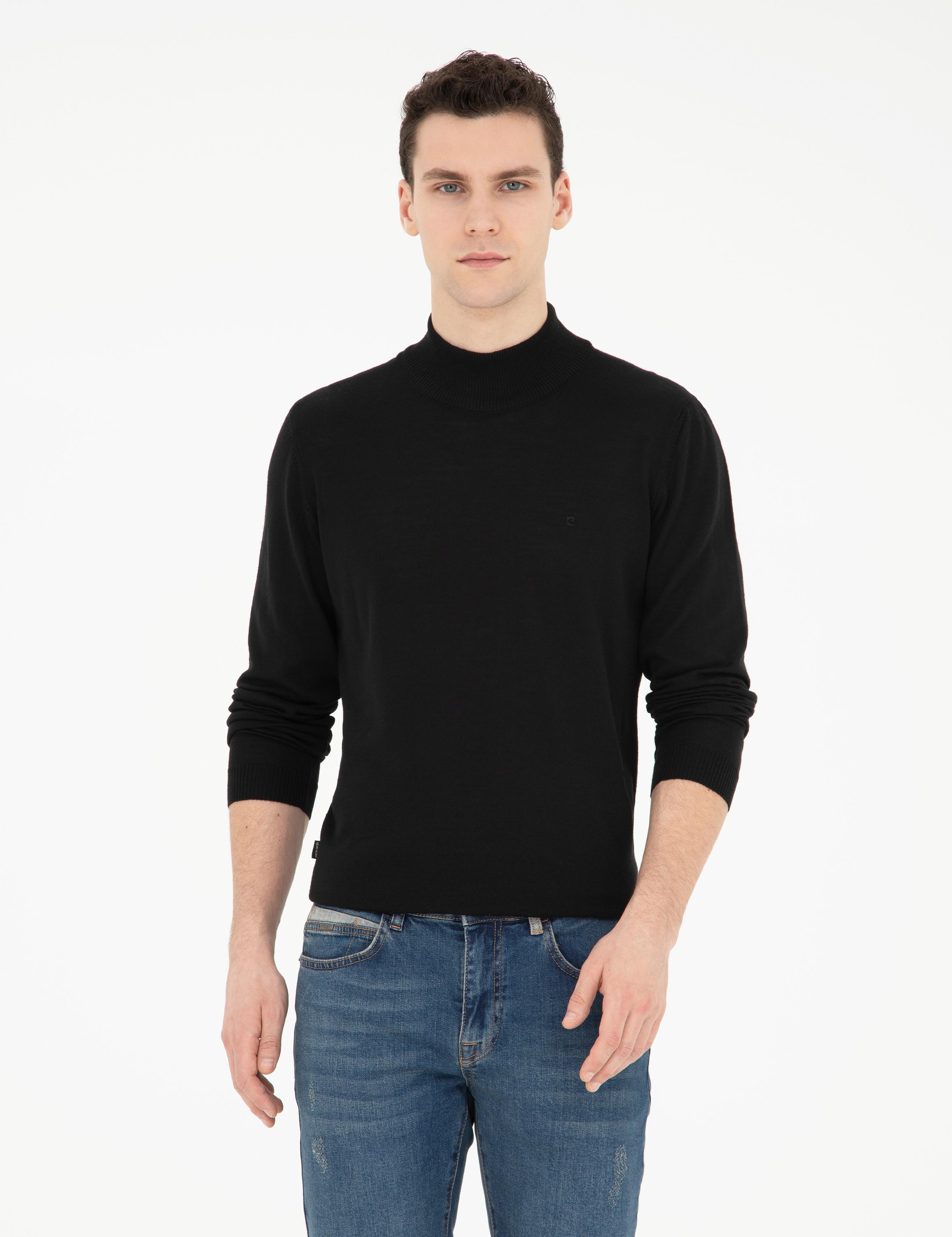 Siyah Slim Fit Yarım Balıkçı Yaka Yün Karışımlı Basic Triko Kazak