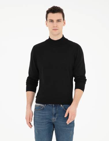 Siyah Slim Fit Yarım Balıkçı Yaka Yün Karışımlı Basic Triko Kazak