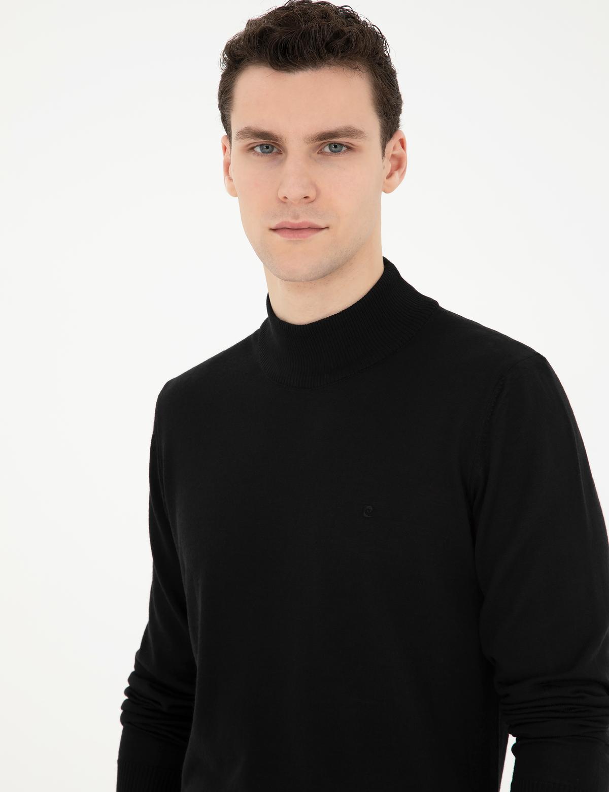 Siyah Slim Fit Yarım Balıkçı Yaka Yün Karışımlı Basic Triko Kazak - 50270055061