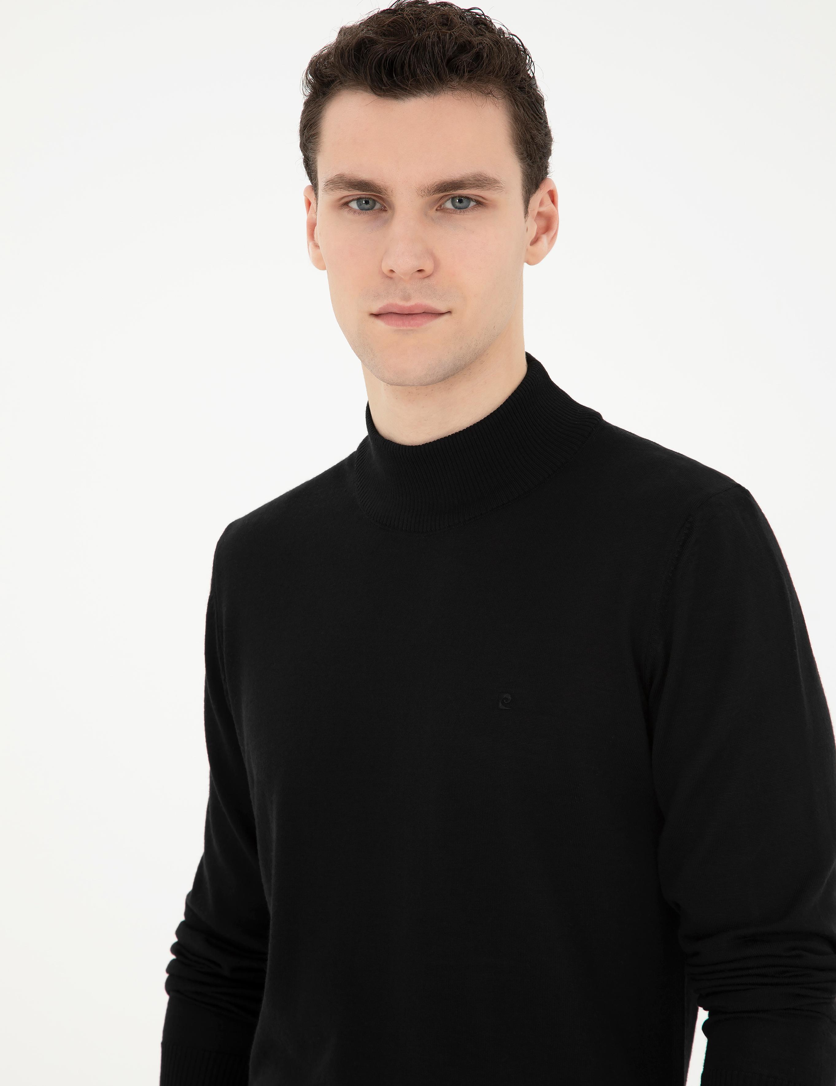 Siyah Slim Fit Yarım Balıkçı Yaka Yün Karışımlı Basic Triko Kazak