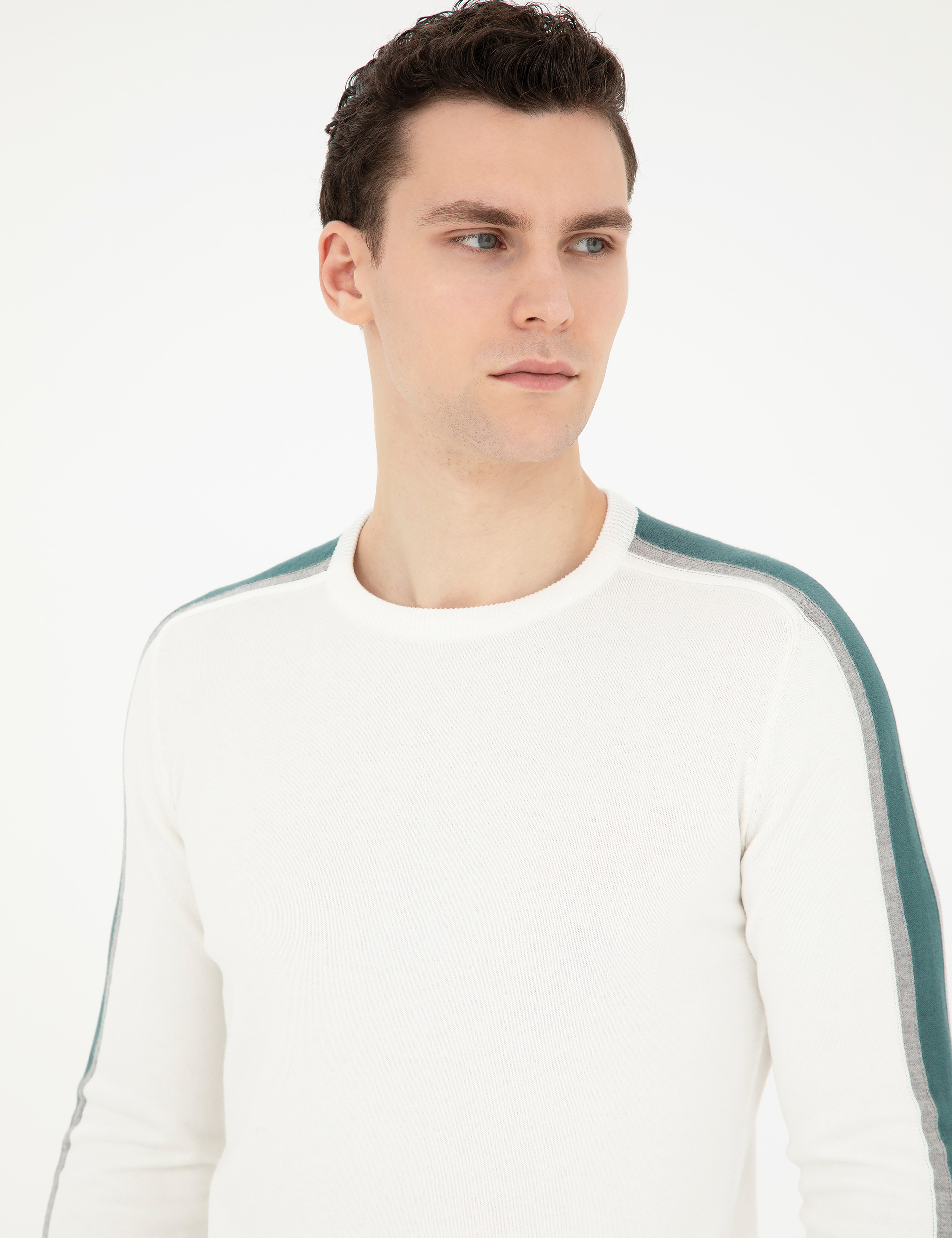 Ekru Slim Fit Bisiklet Yaka Triko Kazak - Image 2