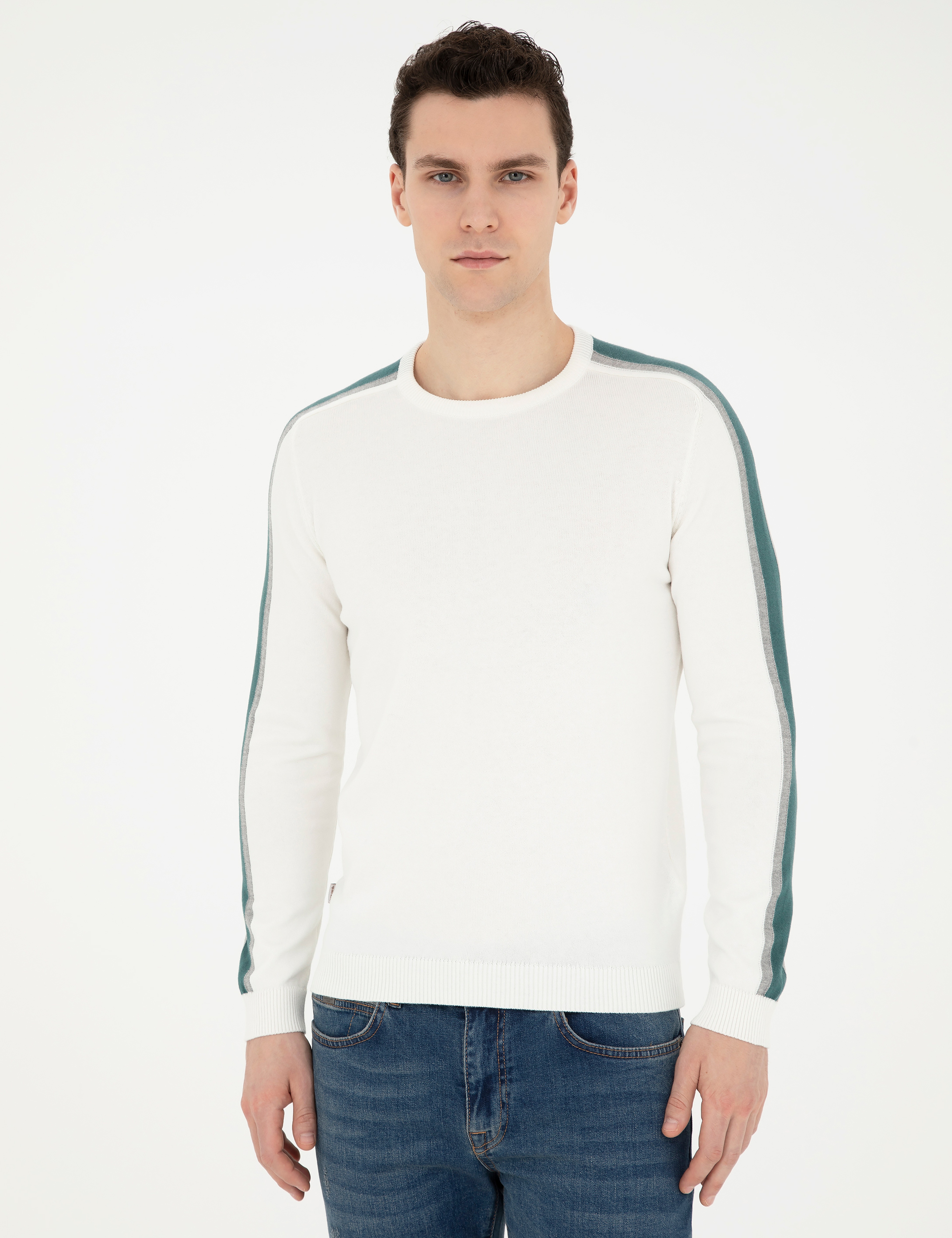 Ekru Slim Fit Bisiklet Yaka Triko Kazak - Image 3
