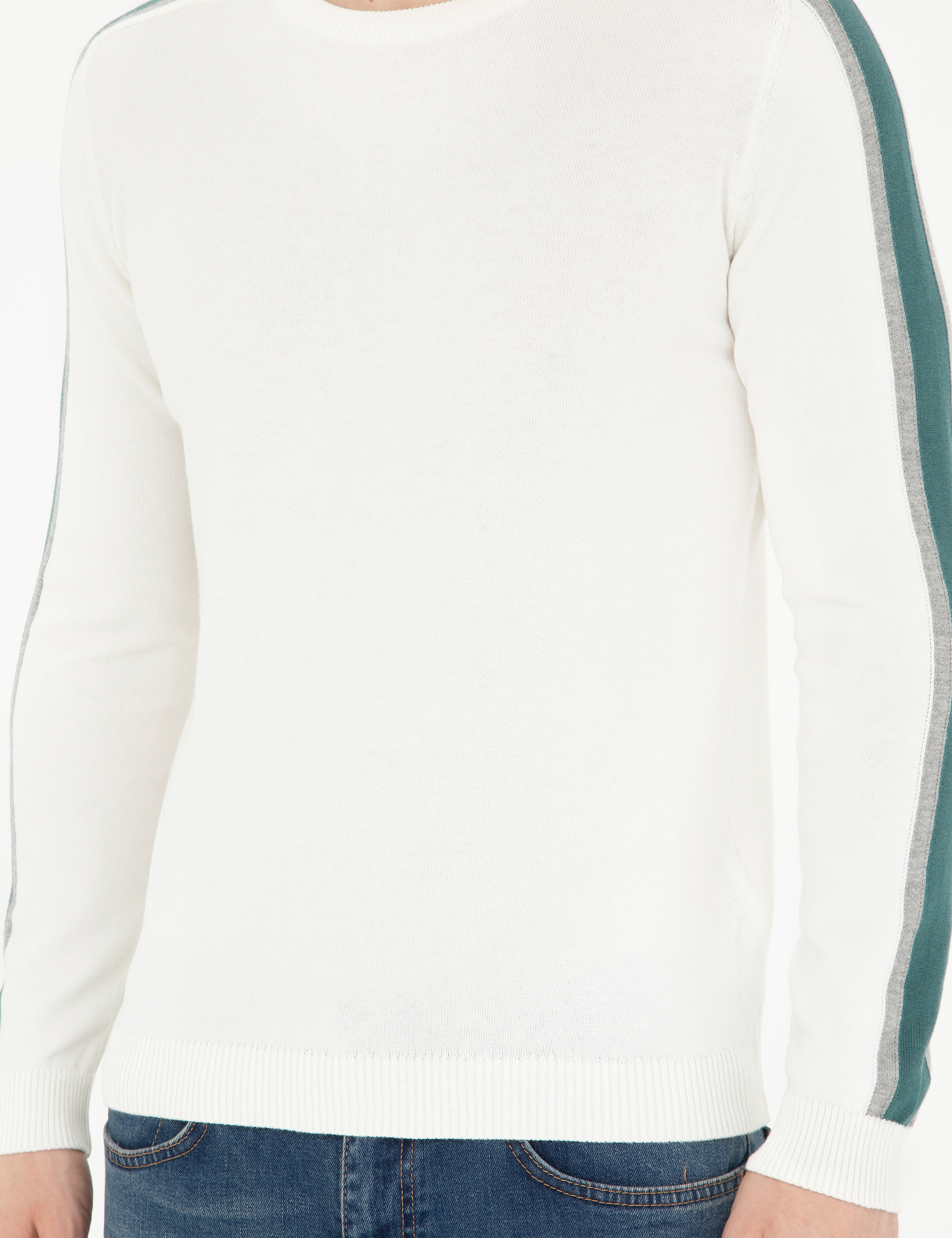 Ekru Slim Fit Bisiklet Yaka Triko Kazak - Image 6