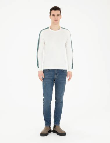 Ekru Slim Fit Bisiklet Yaka Triko Kazak