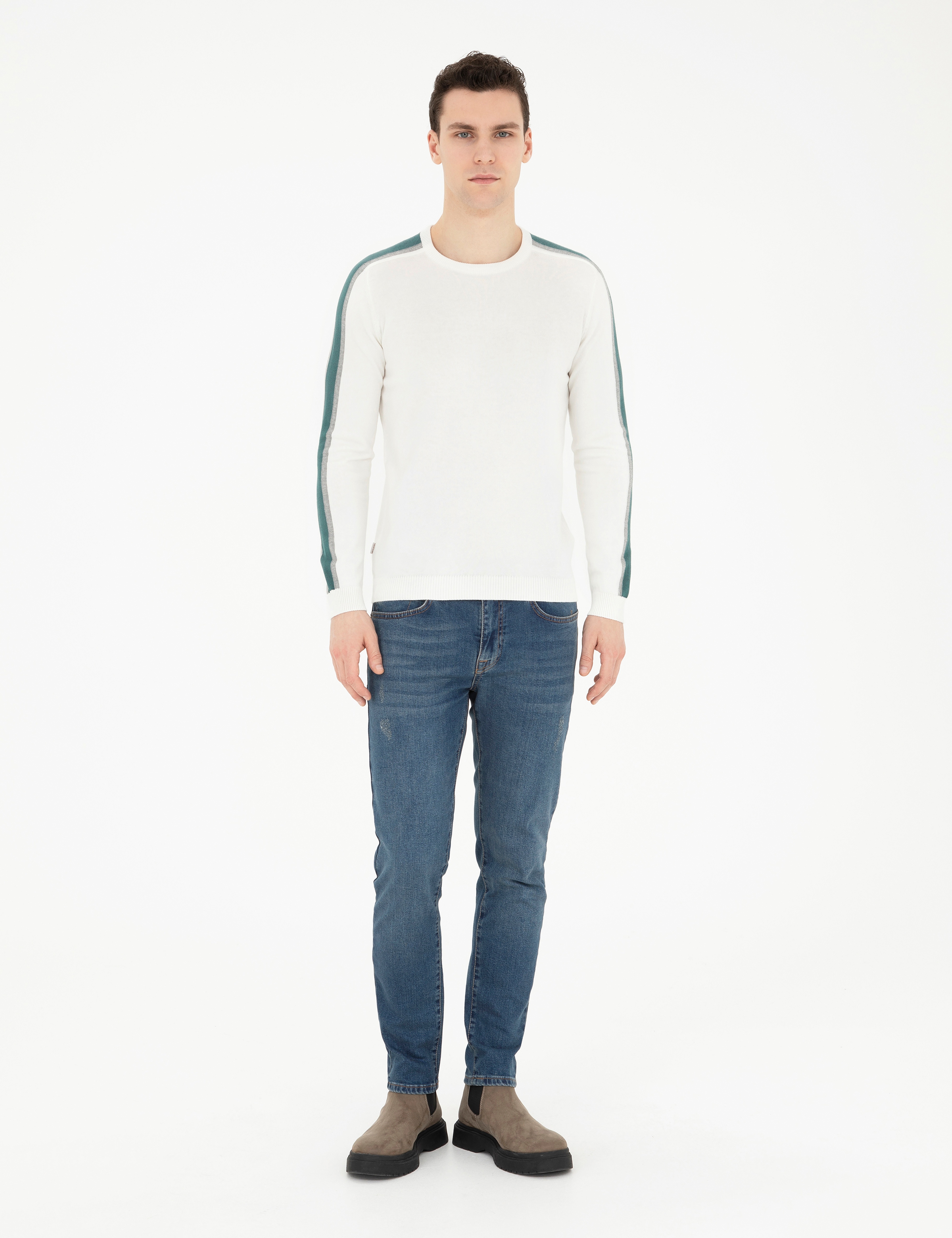 Ekru Slim Fit Bisiklet Yaka Triko Kazak