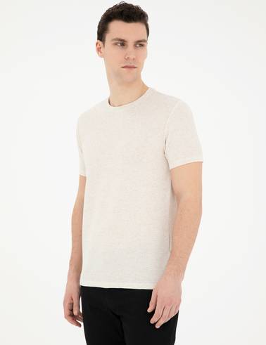 Bej Slim Fit Keten Karışımlı Bisiklet Yaka Tişört