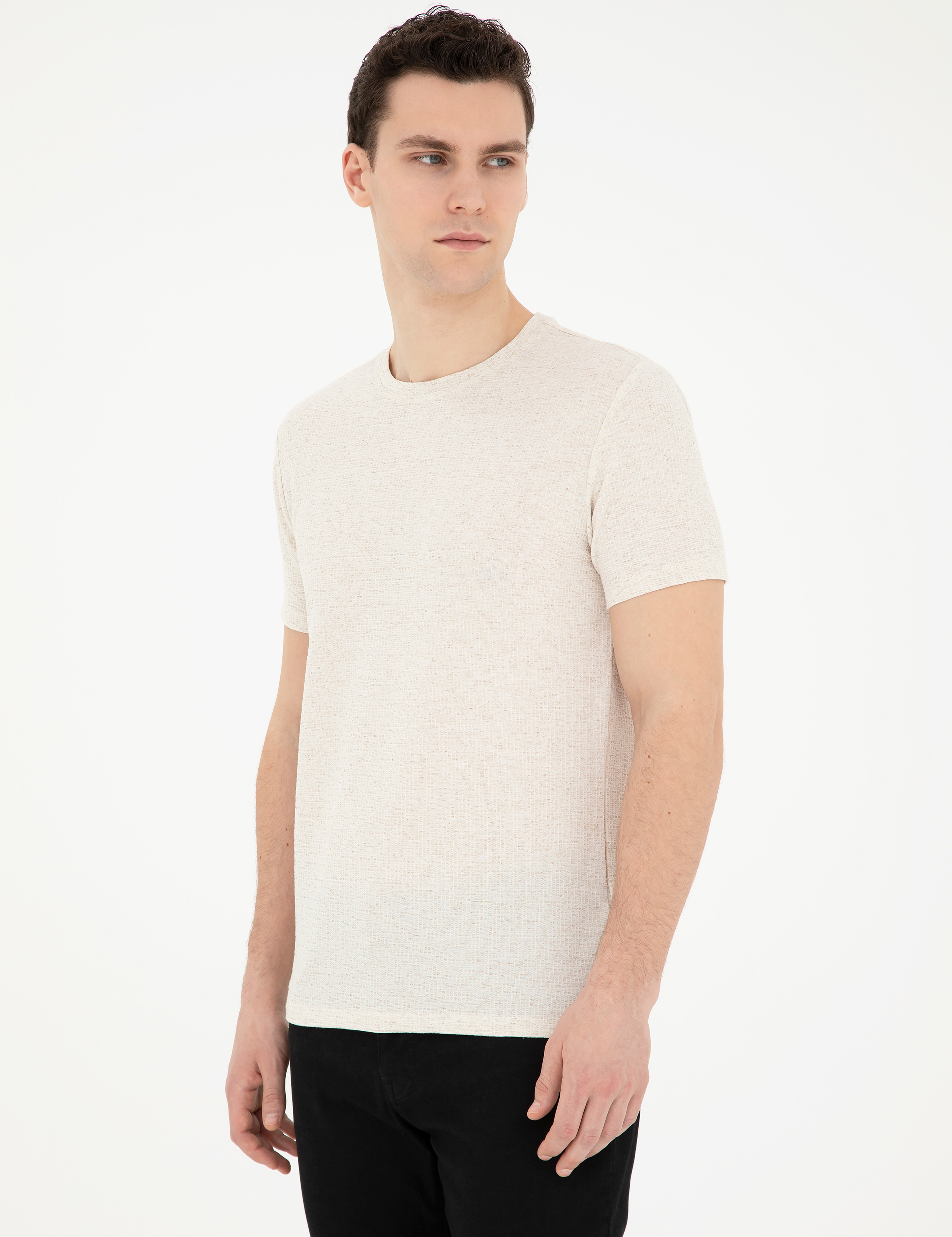 Bej Slim Fit Keten Karışımlı Bisiklet Yaka Tişört - Image 3