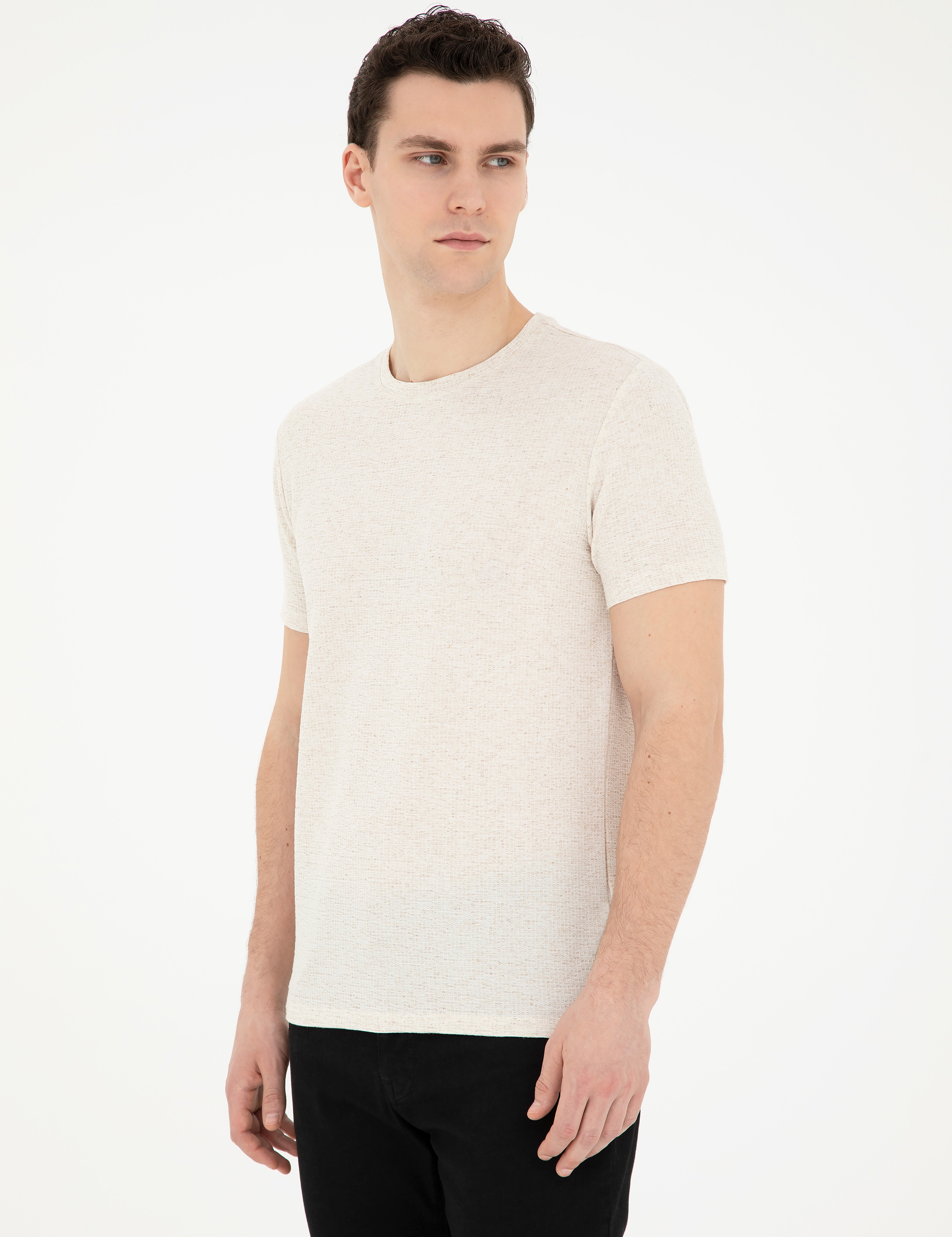 Bej Slim Fit Keten Karışımlı Bisiklet Yaka Tişört