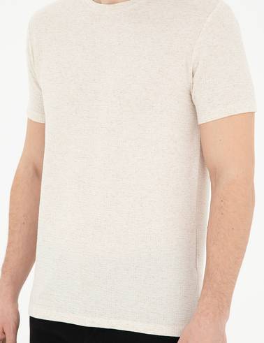 Bej Slim Fit Keten Karışımlı Bisiklet Yaka Tişört