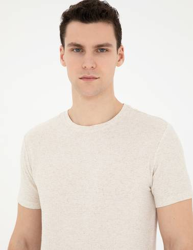Bej Slim Fit Keten Karışımlı Bisiklet Yaka Tişört