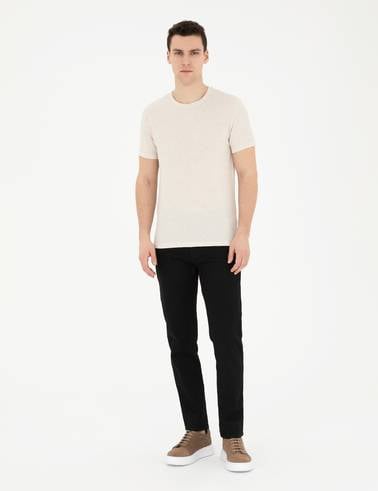 Bej Slim Fit Keten Karışımlı Bisiklet Yaka Tişört