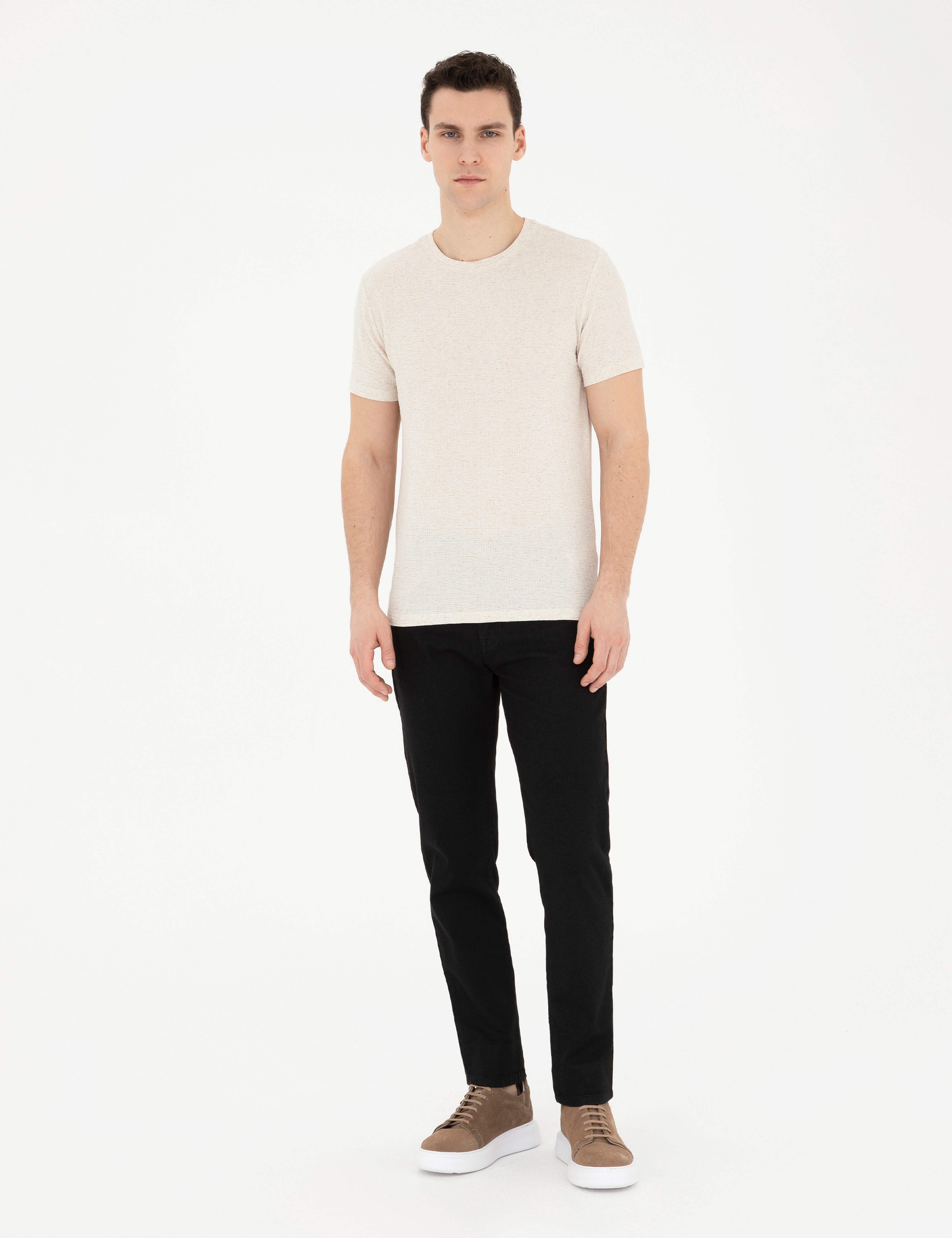 Bej Slim Fit Keten Karışımlı Bisiklet Yaka Tişört