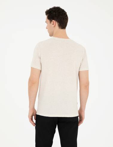 Bej Slim Fit Keten Karışımlı Bisiklet Yaka Tişört
