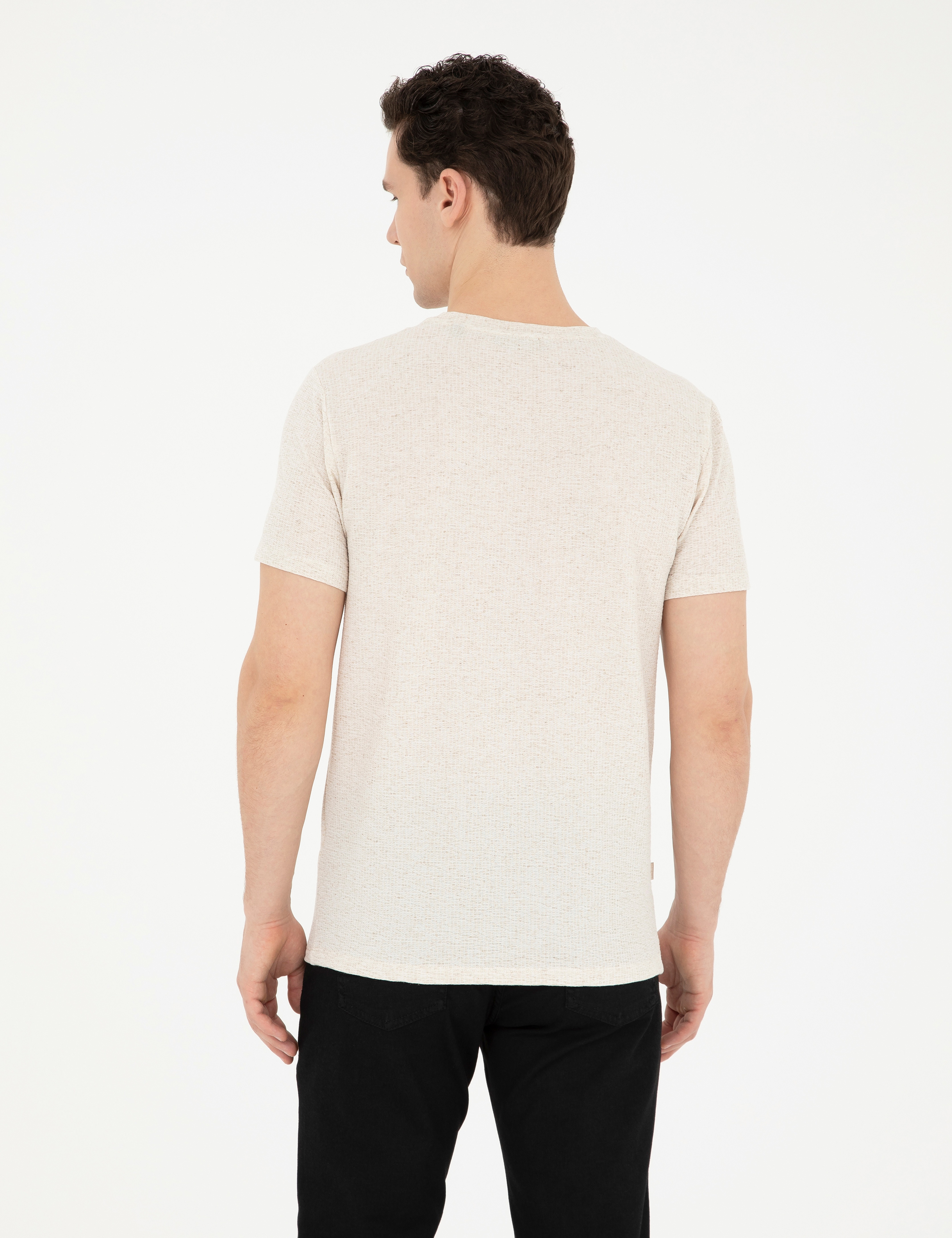 Bej Slim Fit Keten Karışımlı Bisiklet Yaka Tişört