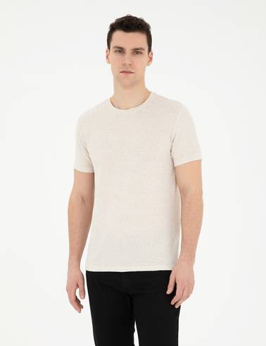 Bej Slim Fit Keten Karışımlı Bisiklet Yaka Tişört