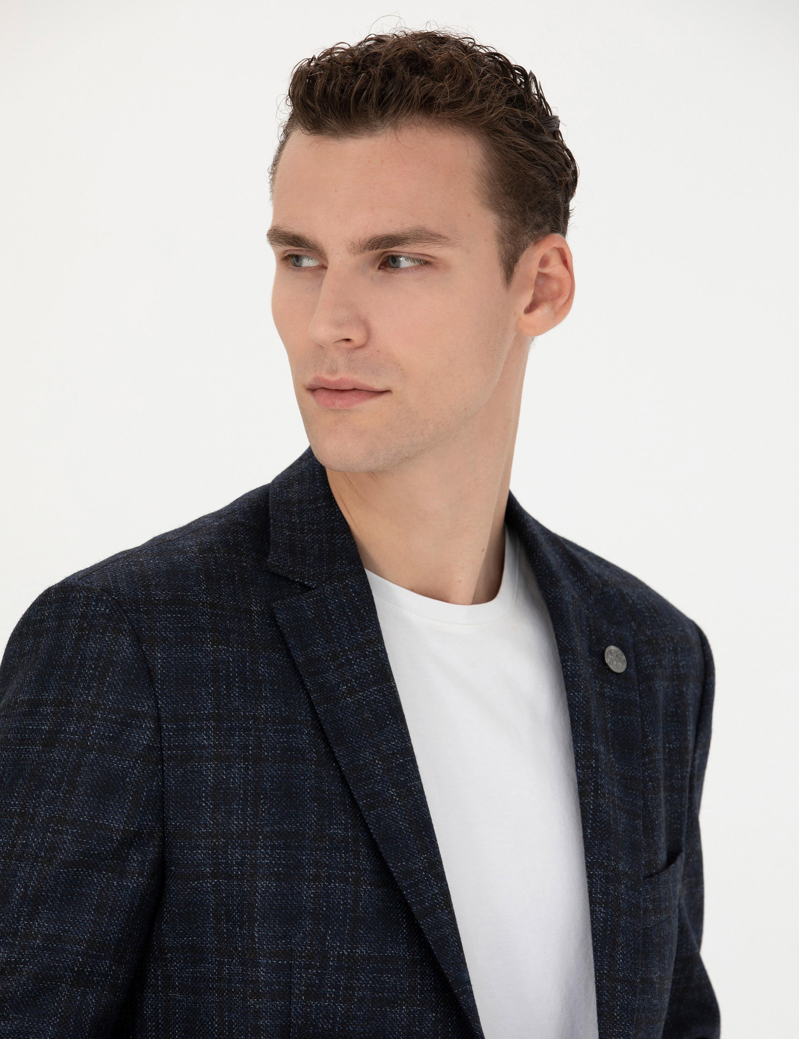 Ekose Lacivert Yün Ceket