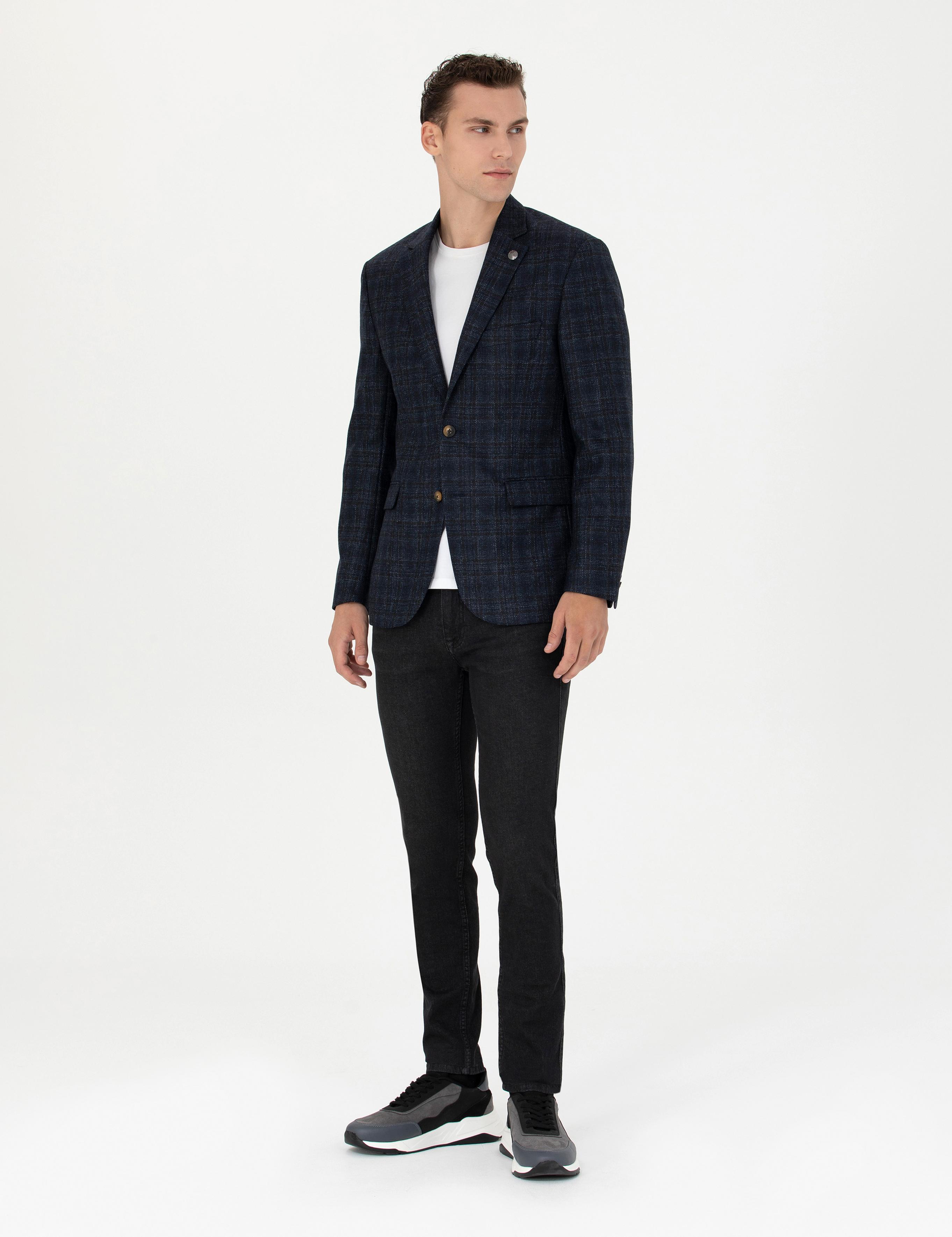 Ekose Lacivert Yün Ceket