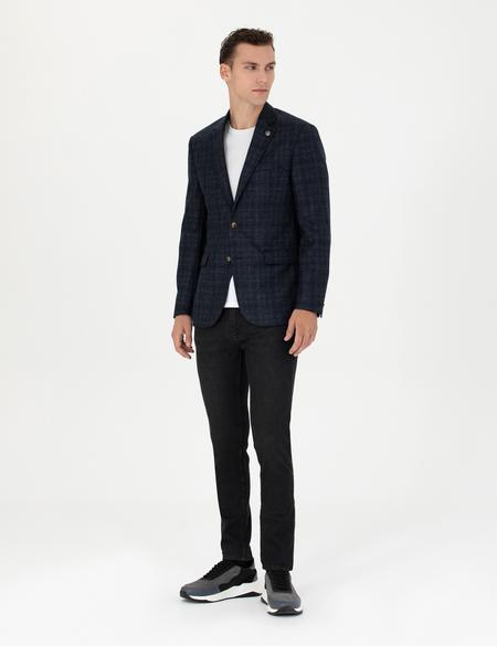 Ekose Lacivert Yün Ceket - 50273168005