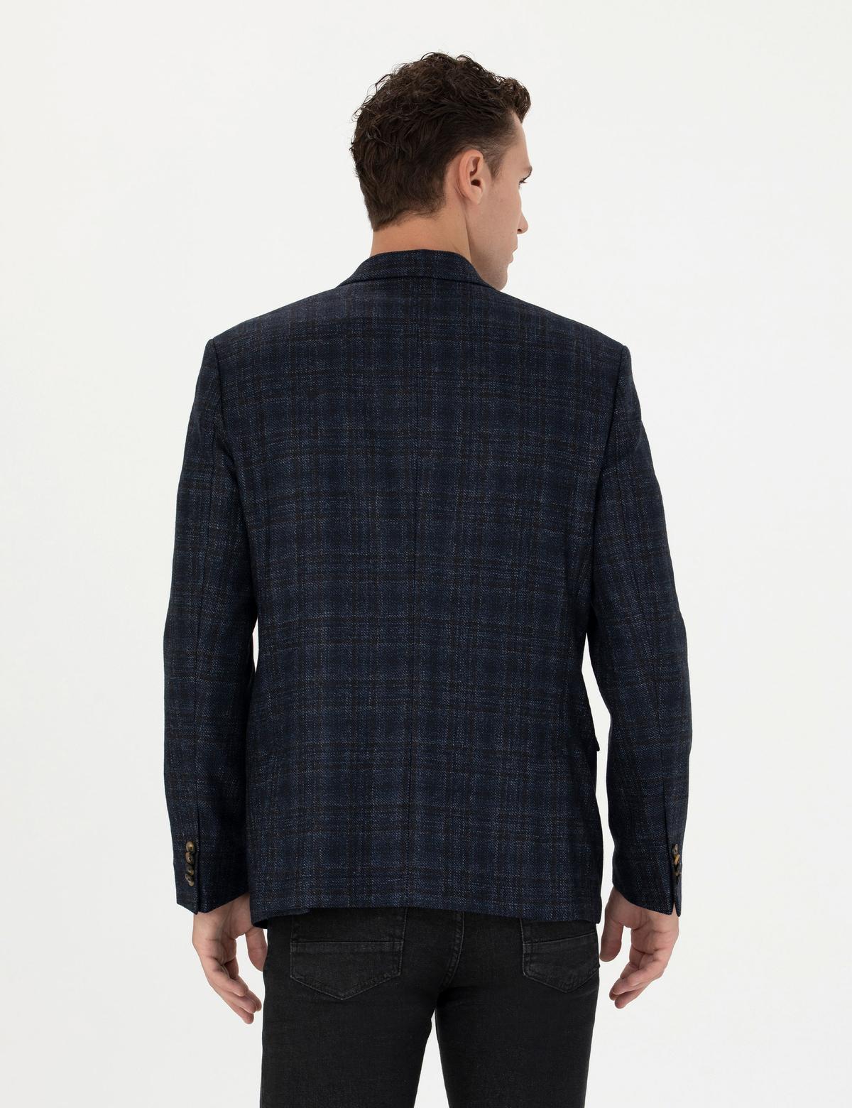 Ekose Lacivert Yün Ceket - 50273168005