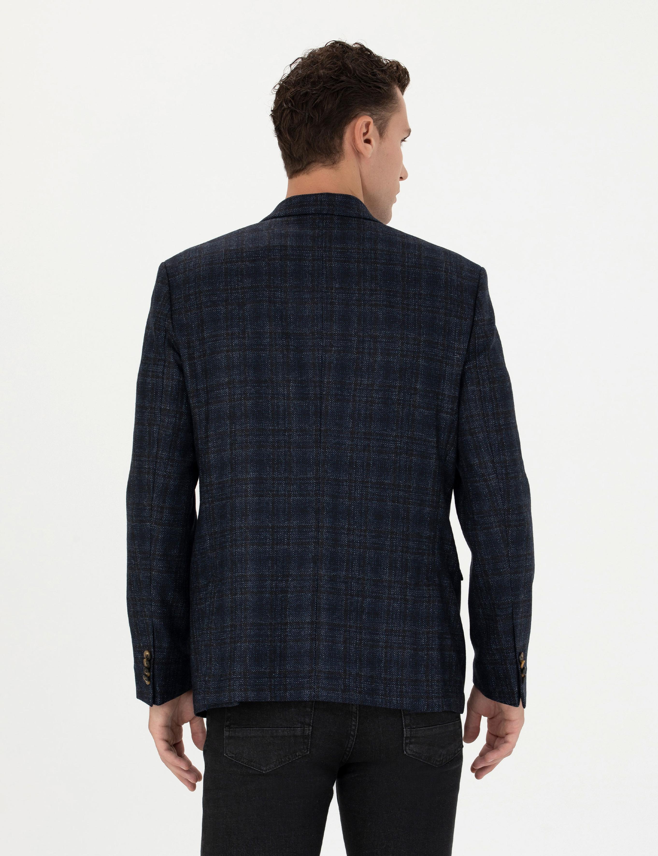 Ekose Lacivert Yün Ceket