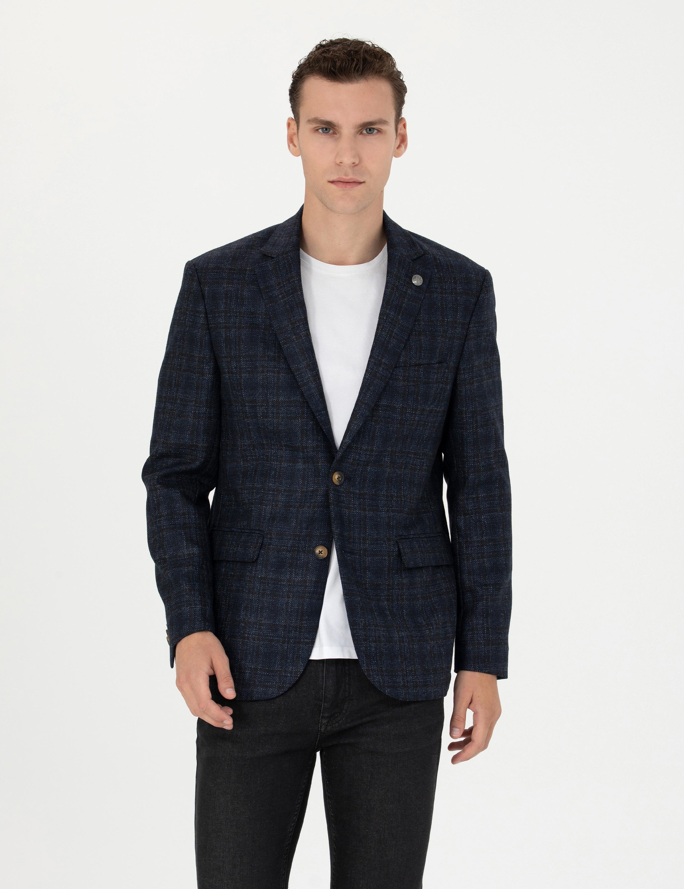 Ekose Lacivert Yün Ceket