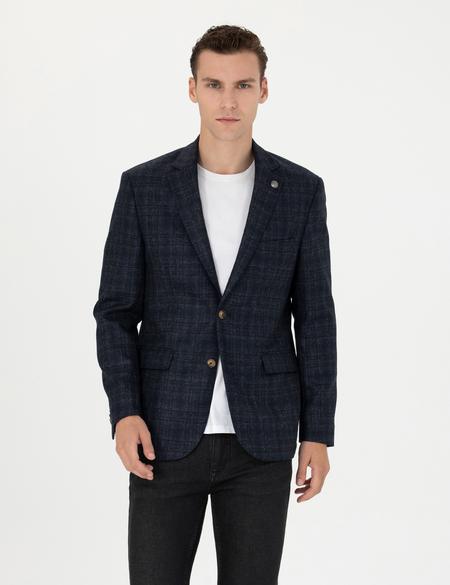 Ekose Lacivert Yün Ceket - 50273168005