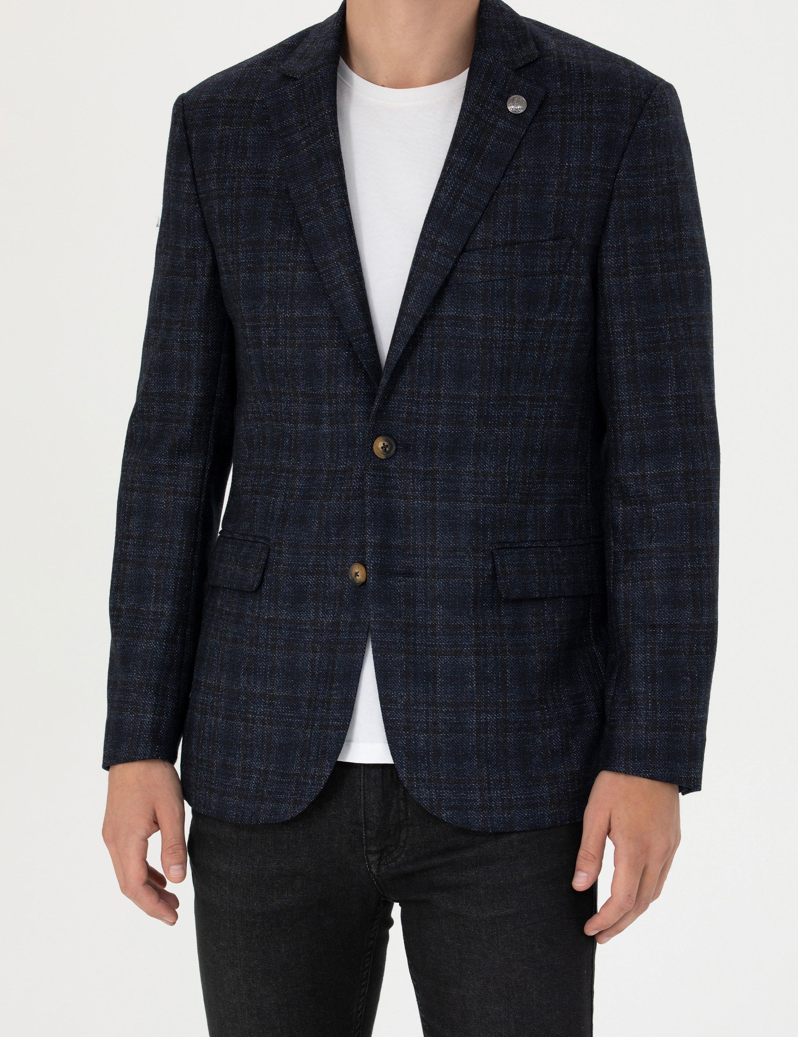 Ekose Lacivert Yün Ceket