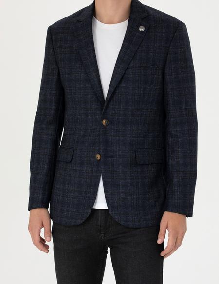 Ekose Lacivert Yün Ceket - 50273168005