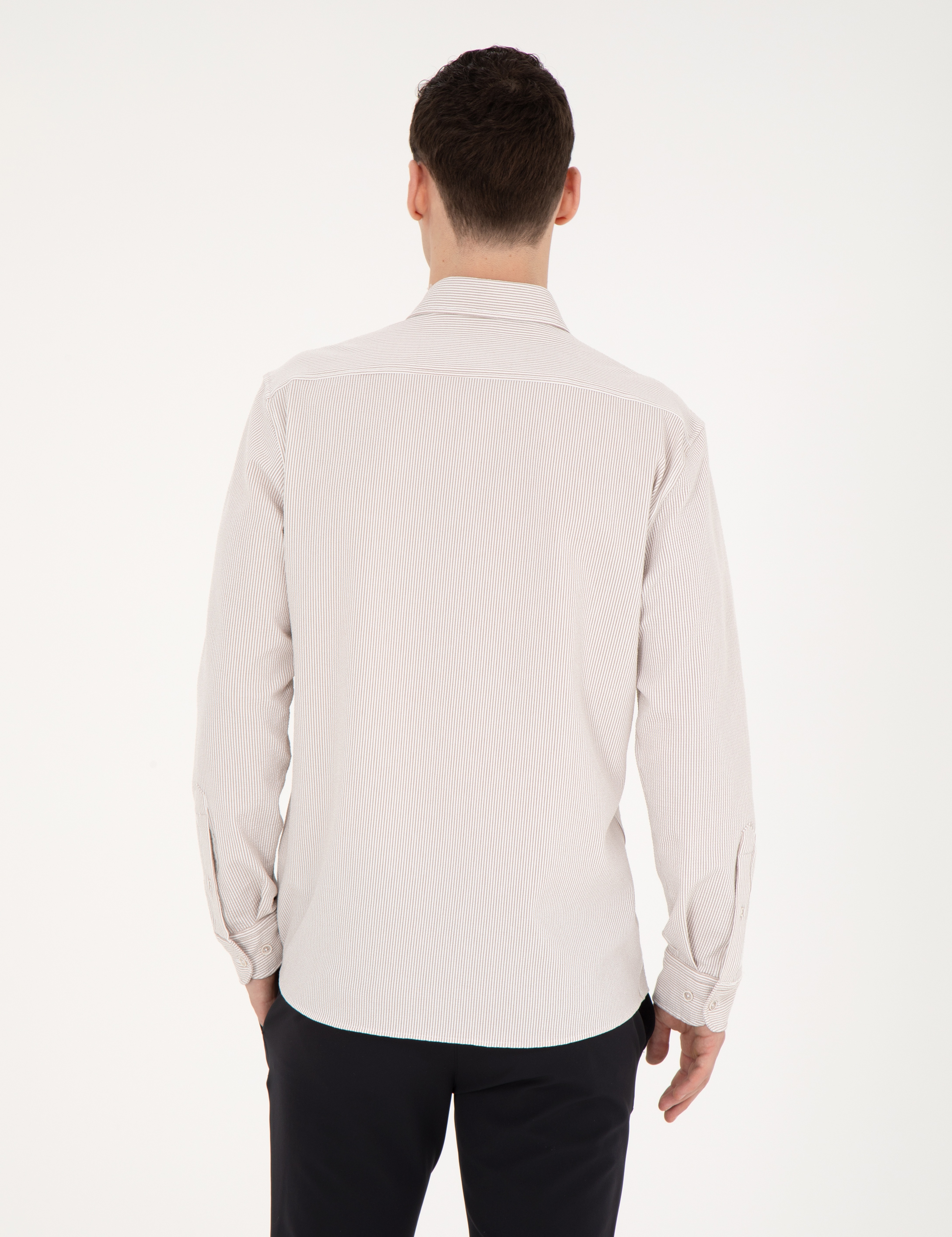 Bej Slim Fit Uzun Kollu Gömlek - Image 5