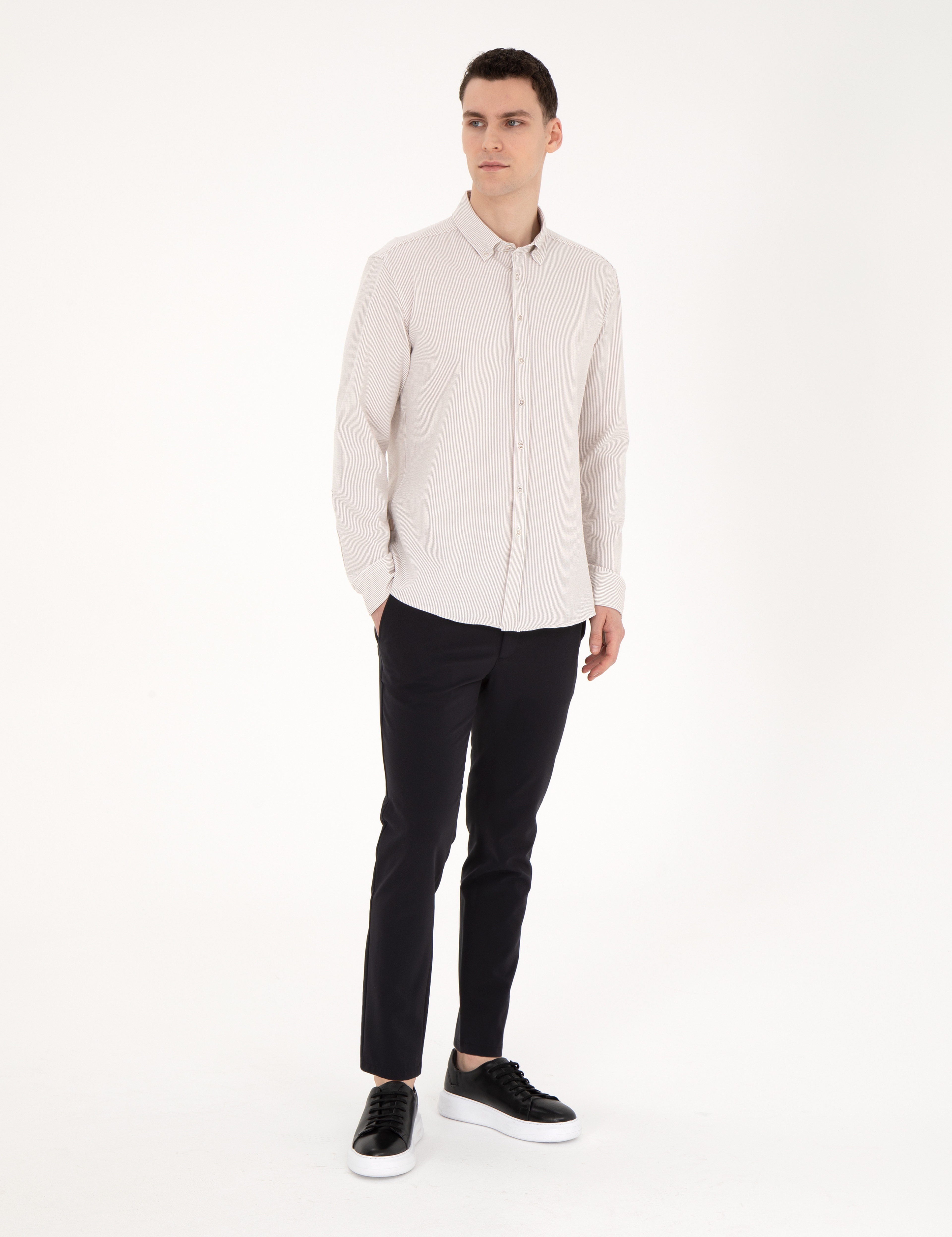 Bej Slim Fit Uzun Kollu Gömlek - Image 4