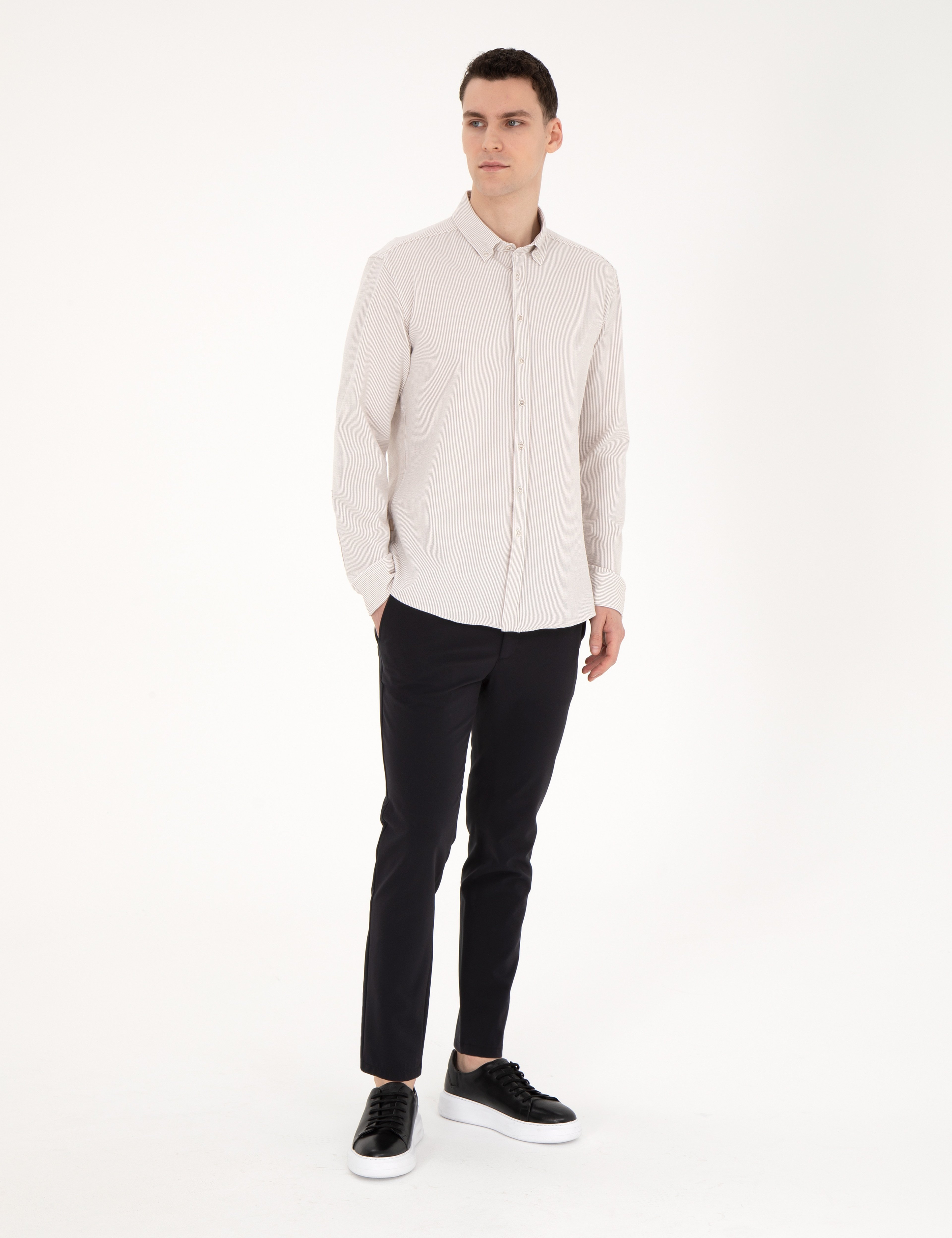 Bej Slim Fit Uzun Kollu Gömlek