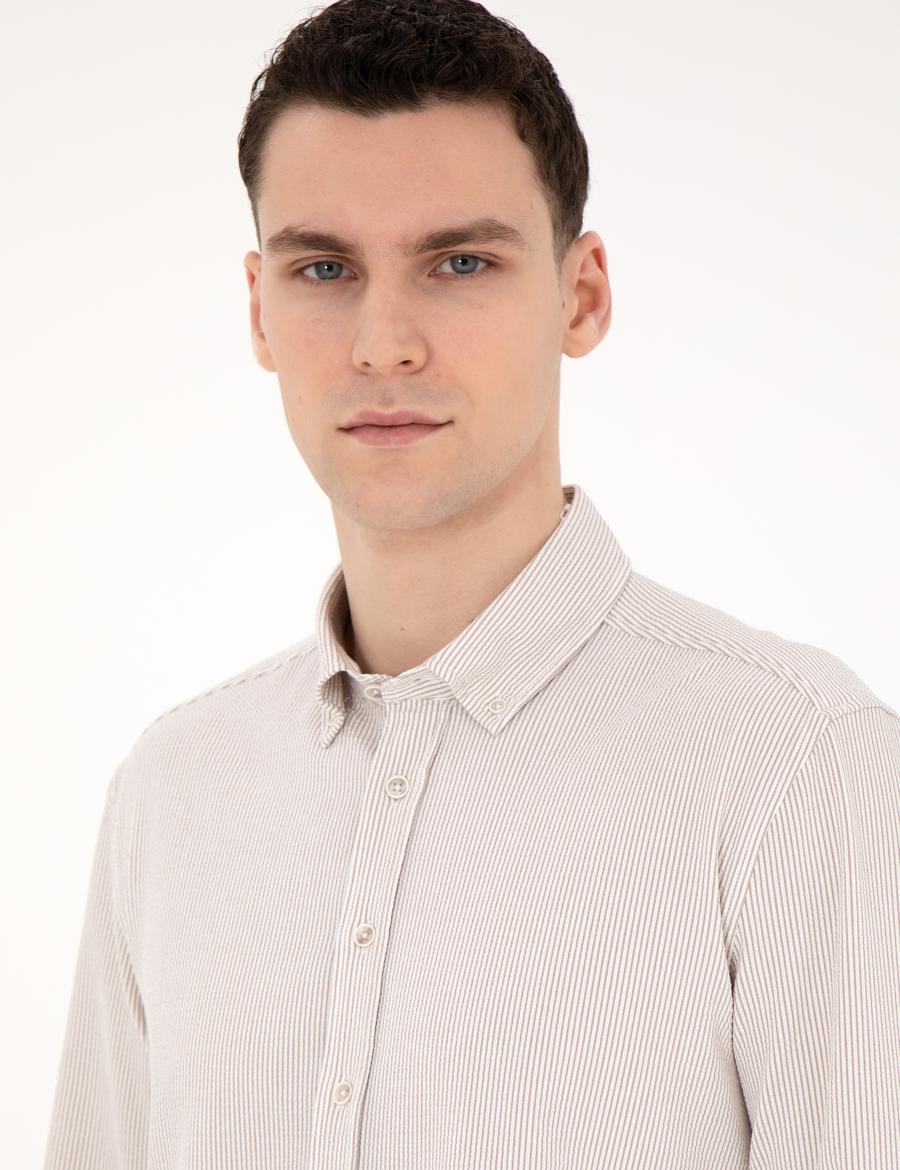 Bej Slim Fit Uzun Kollu Gömlek