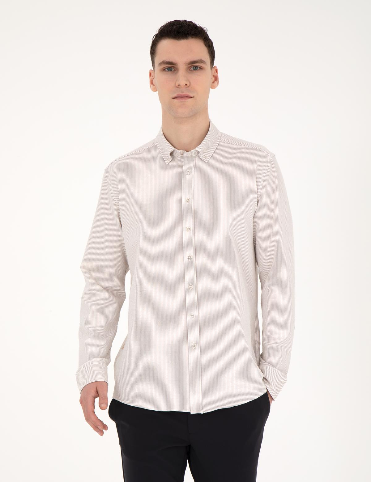 Bej Slim Fit Uzun Kollu Gömlek