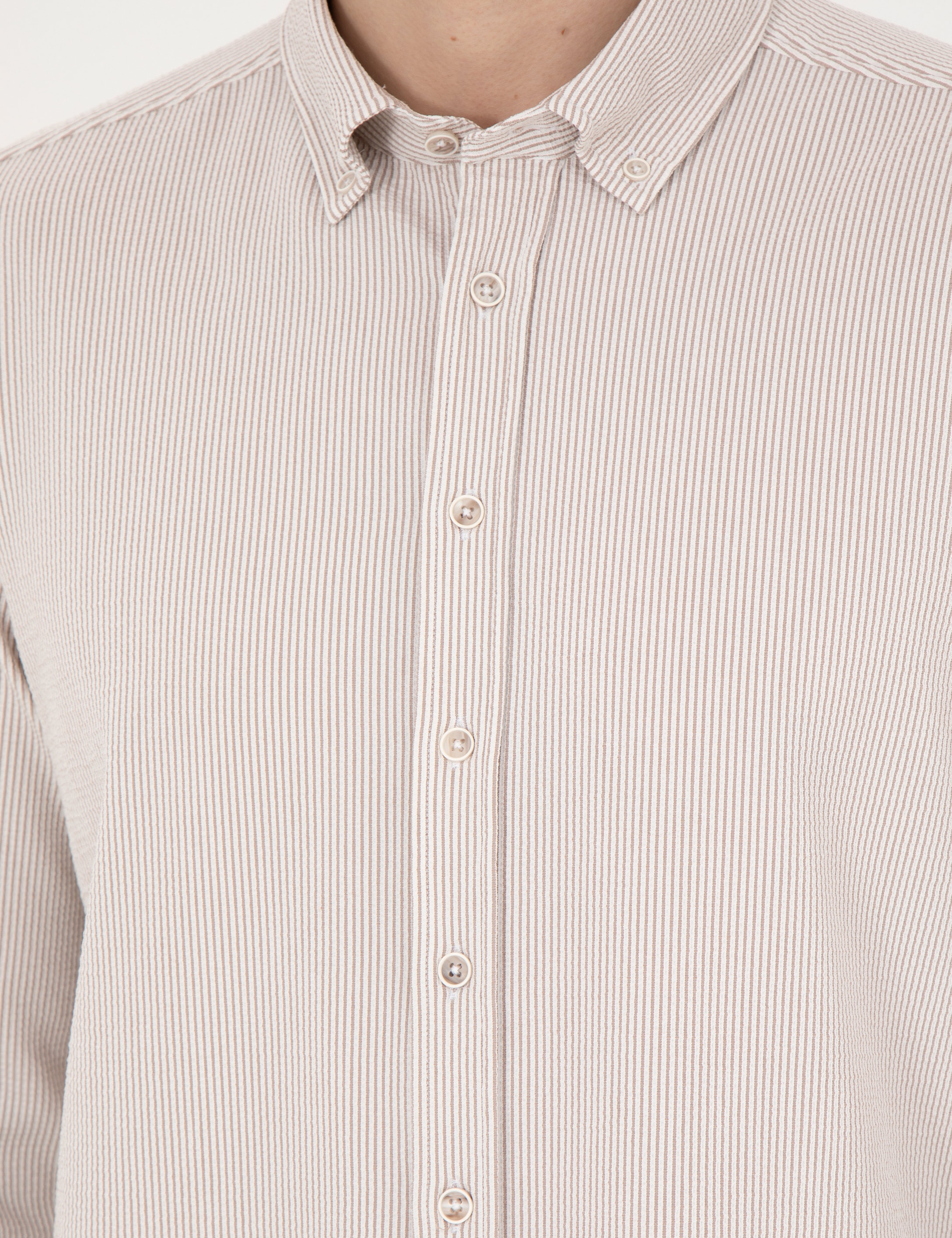 Bej Slim Fit Uzun Kollu Gömlek