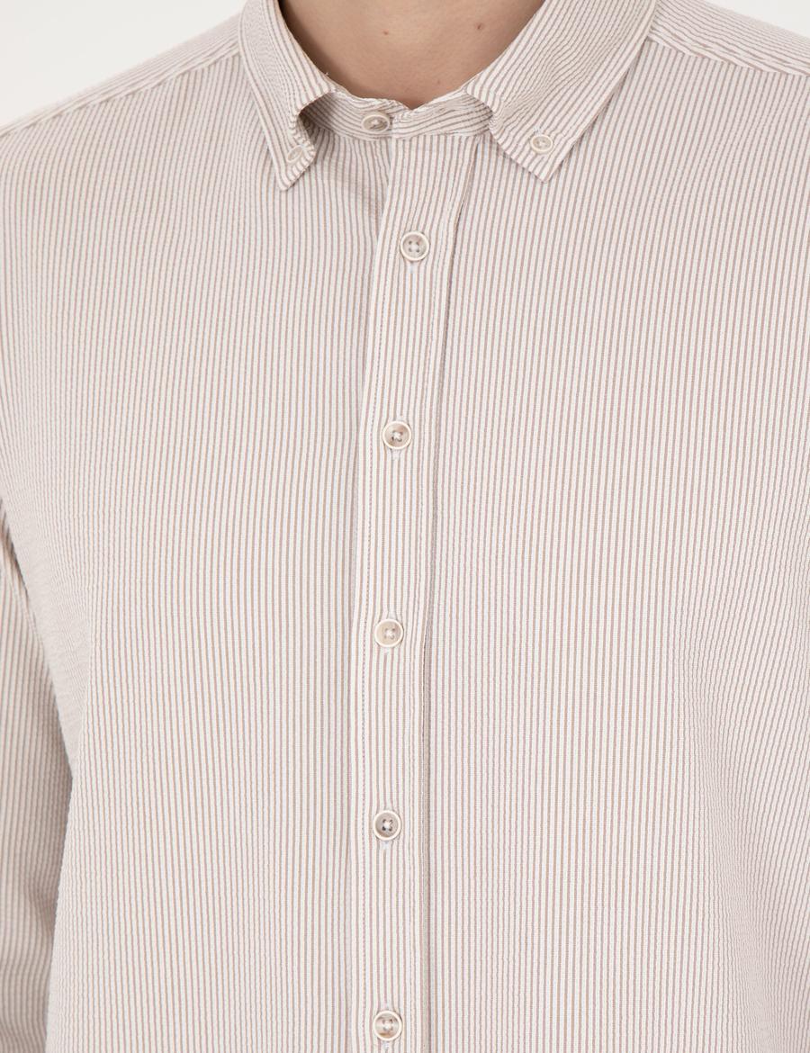 Bej Slim Fit Uzun Kollu Gömlek
