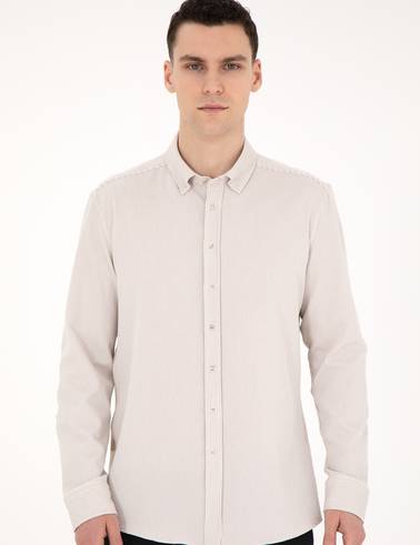 Bej Slim Fit Uzun Kollu Gömlek
