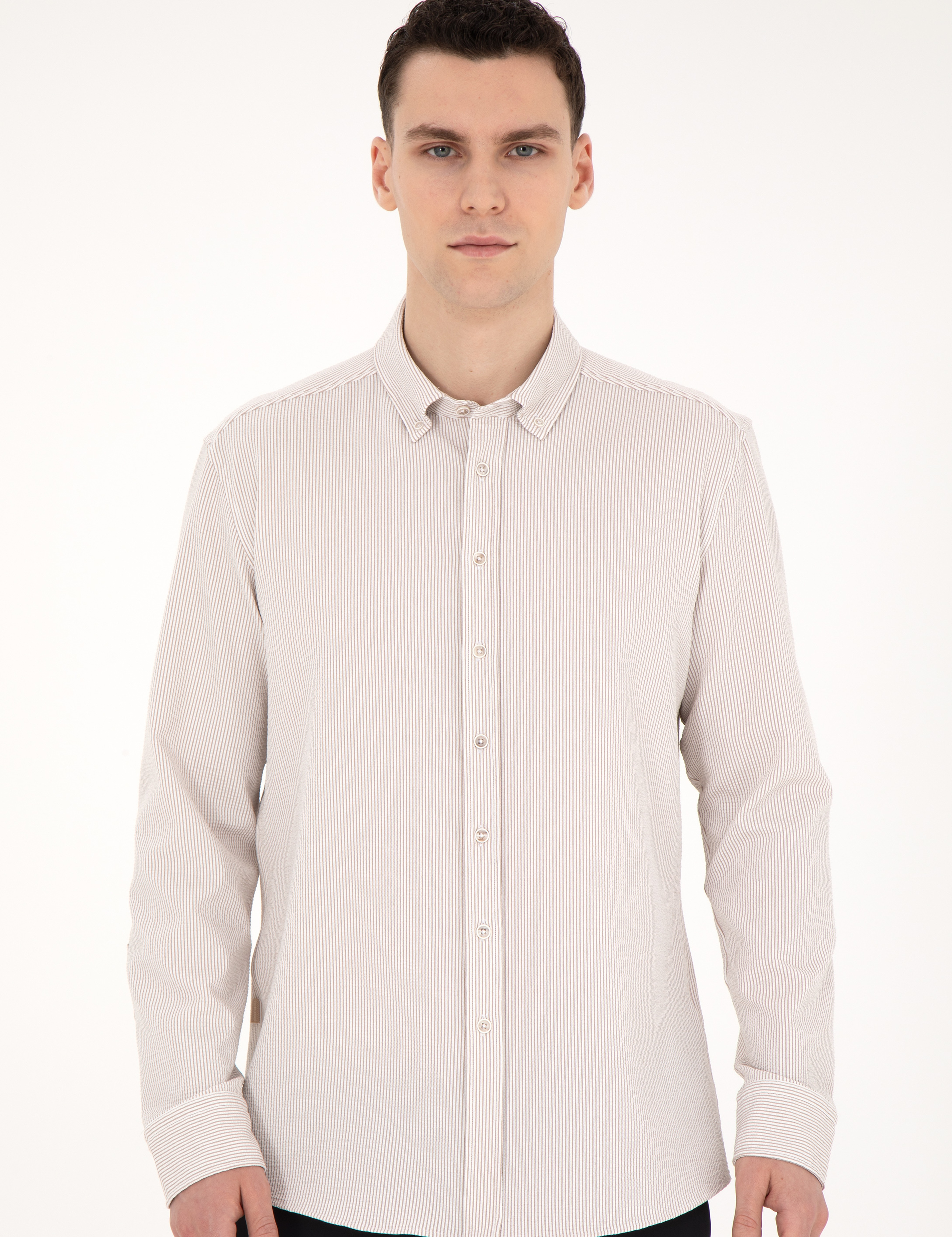 Bej Slim Fit Uzun Kollu Gömlek - Image 3