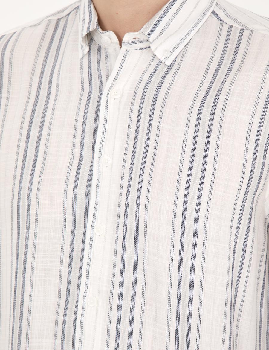 Lacivert Keten Karışımlı Regular Fit Gömlek