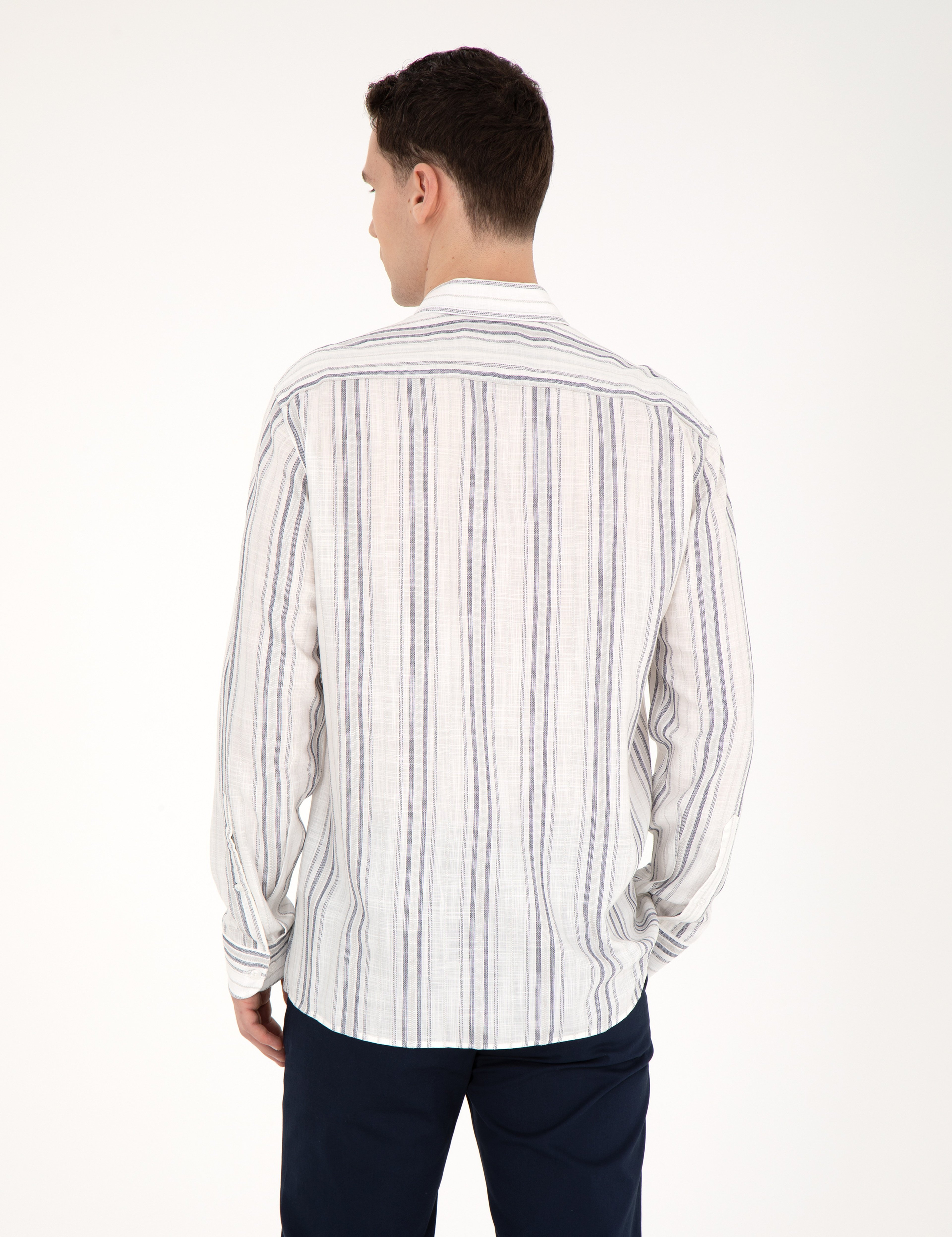 Lacivert Keten Karışımlı Regular Fit Gömlek - Image 5