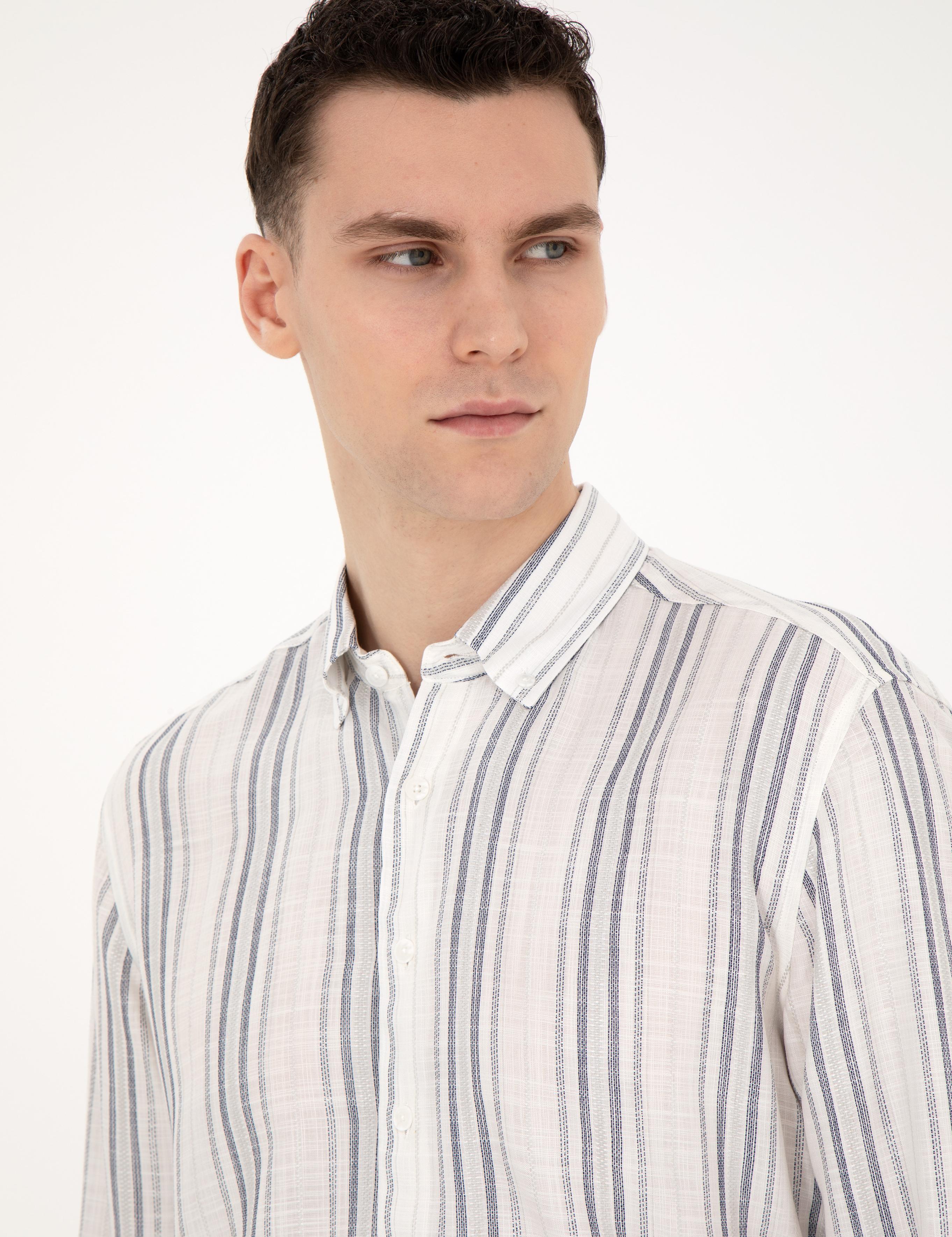 Lacivert Keten Karışımlı Regular Fit Gömlek