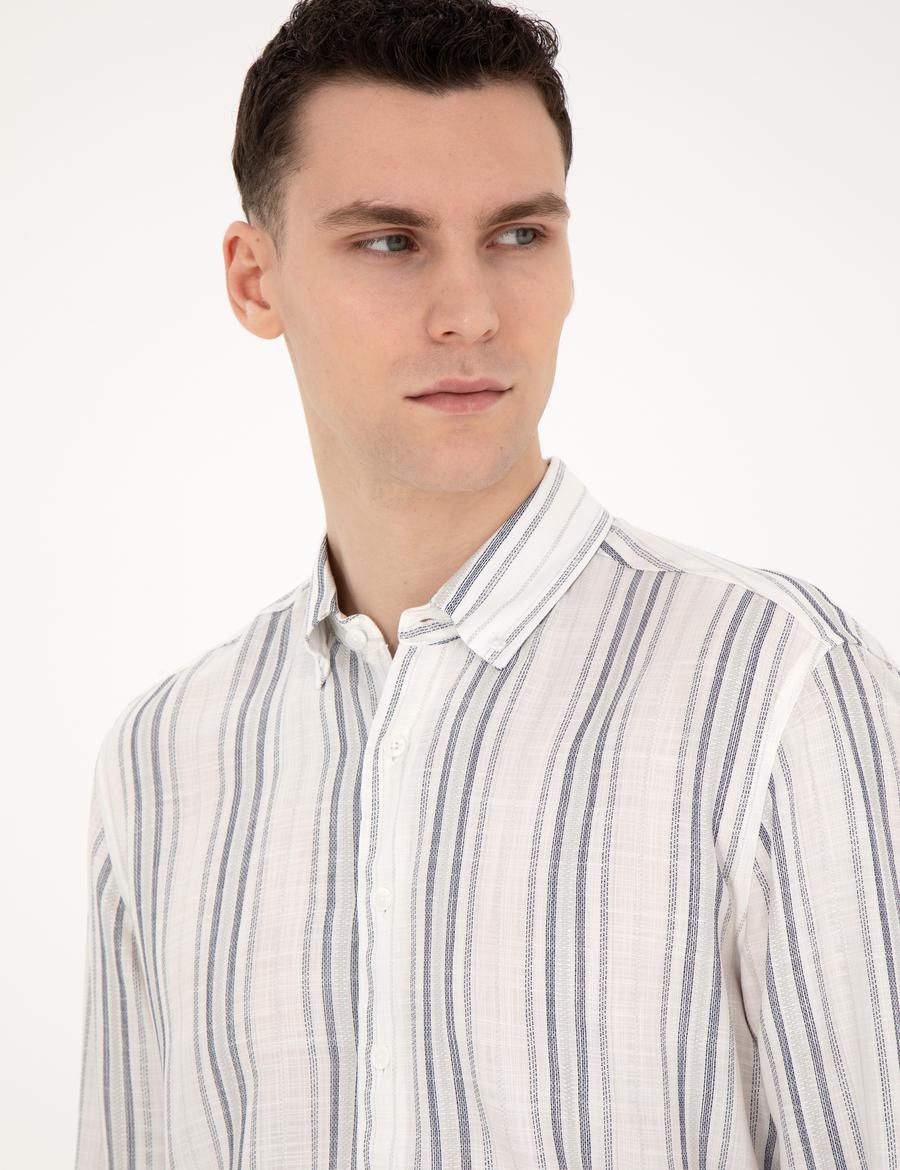 Lacivert Keten Karışımlı Regular Fit Gömlek