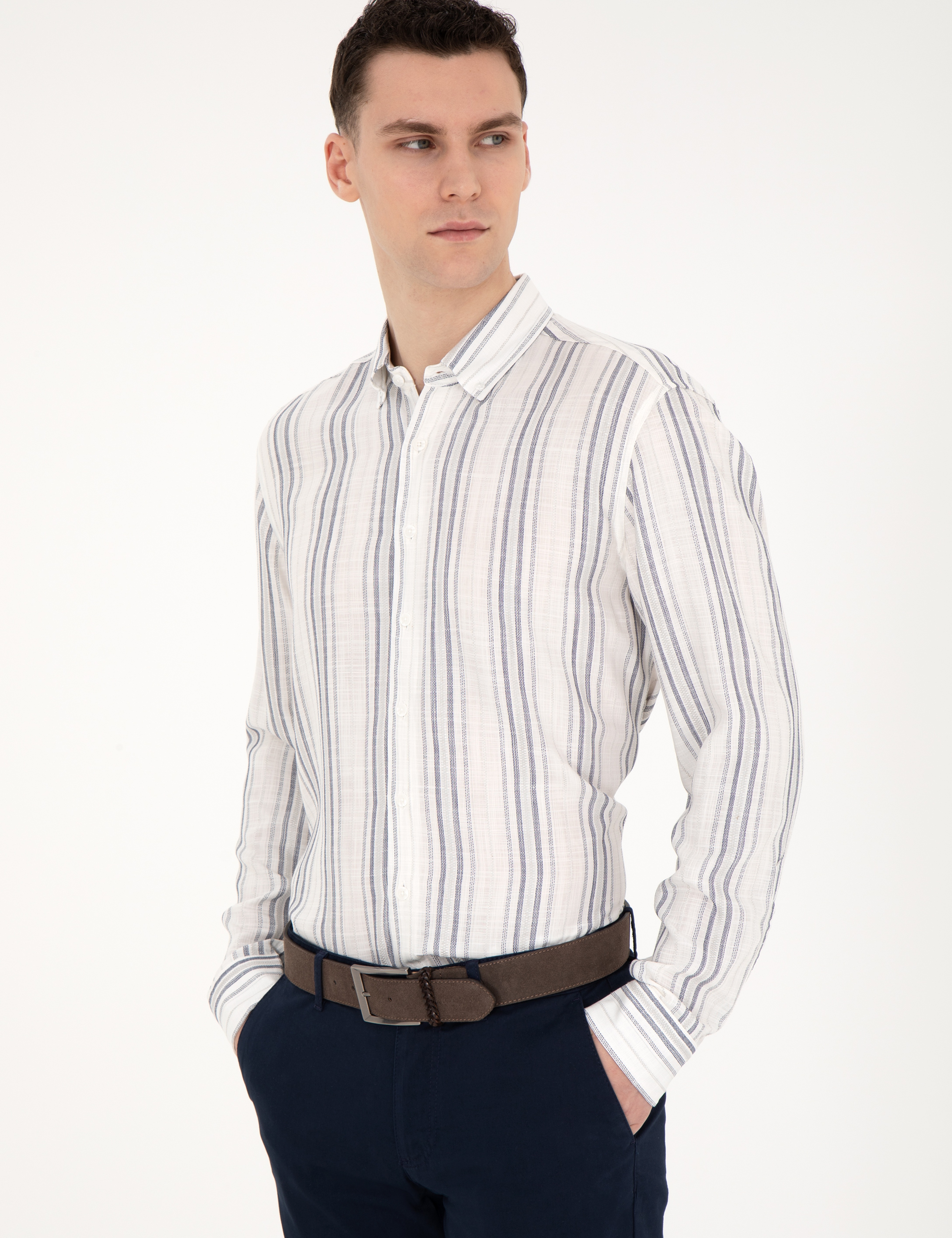 Lacivert Keten Karışımlı Regular Fit Gömlek