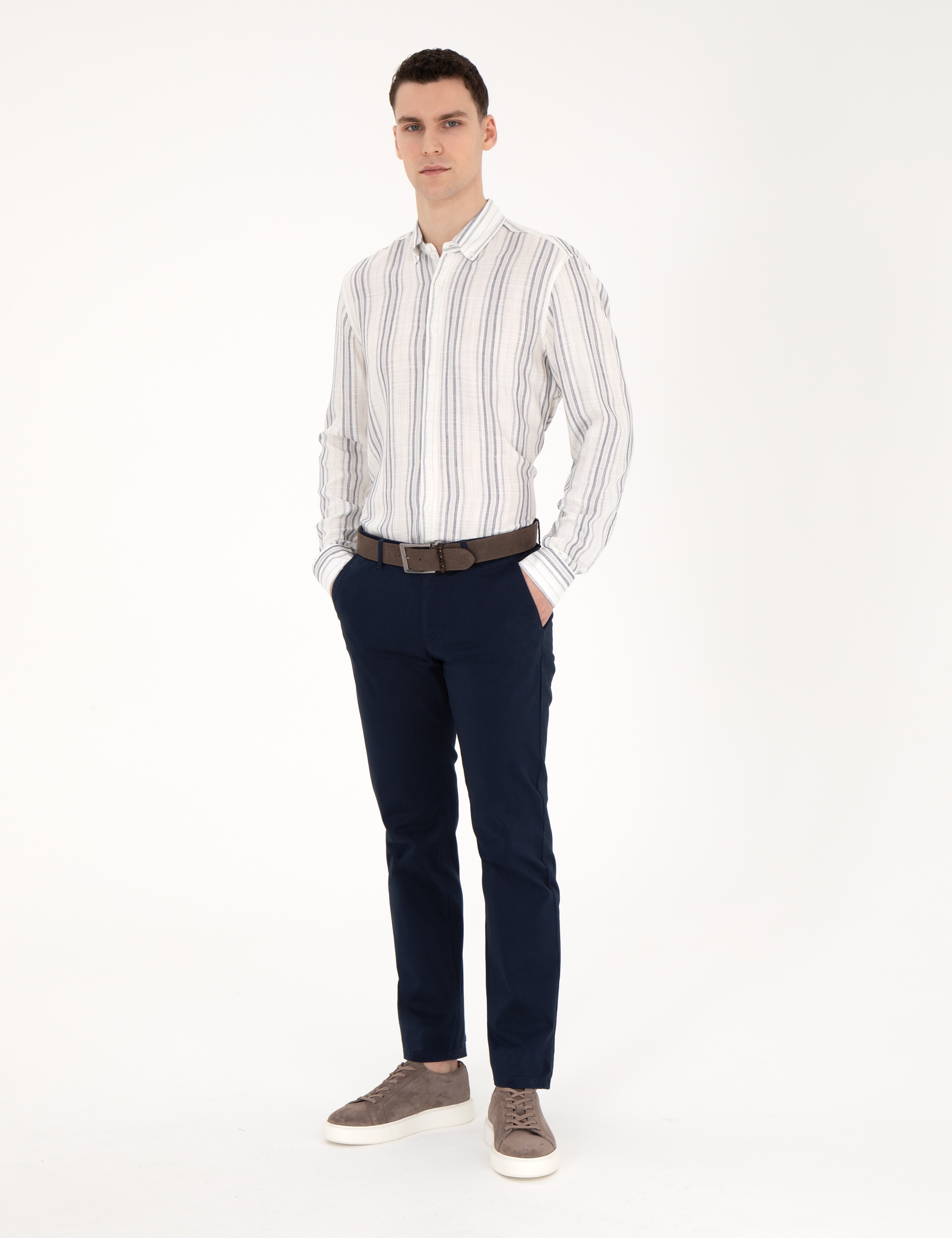 Lacivert Keten Karışımlı Regular Fit Gömlek - Image 4