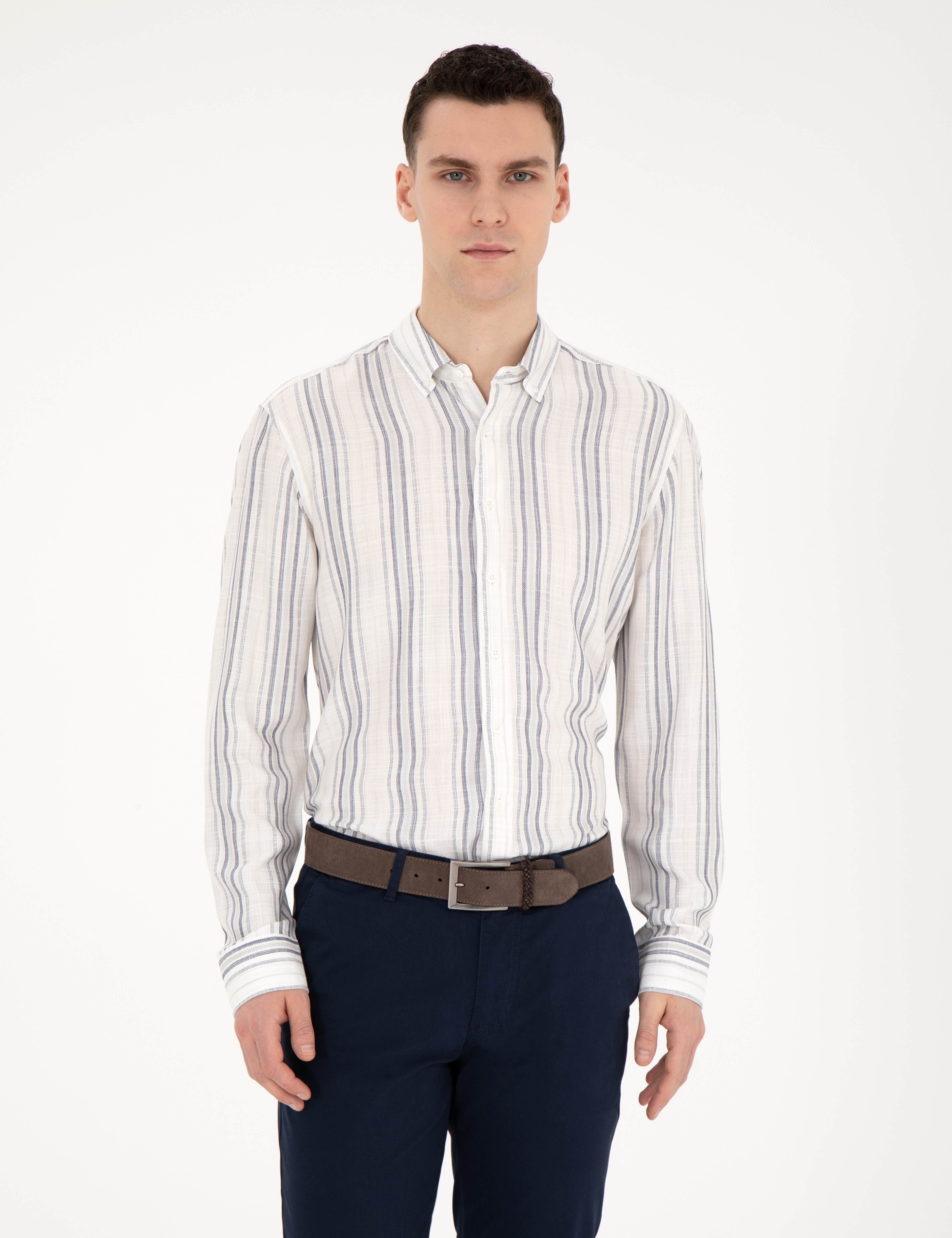 Lacivert Keten Karışımlı Regular Fit Gömlek - Image 3