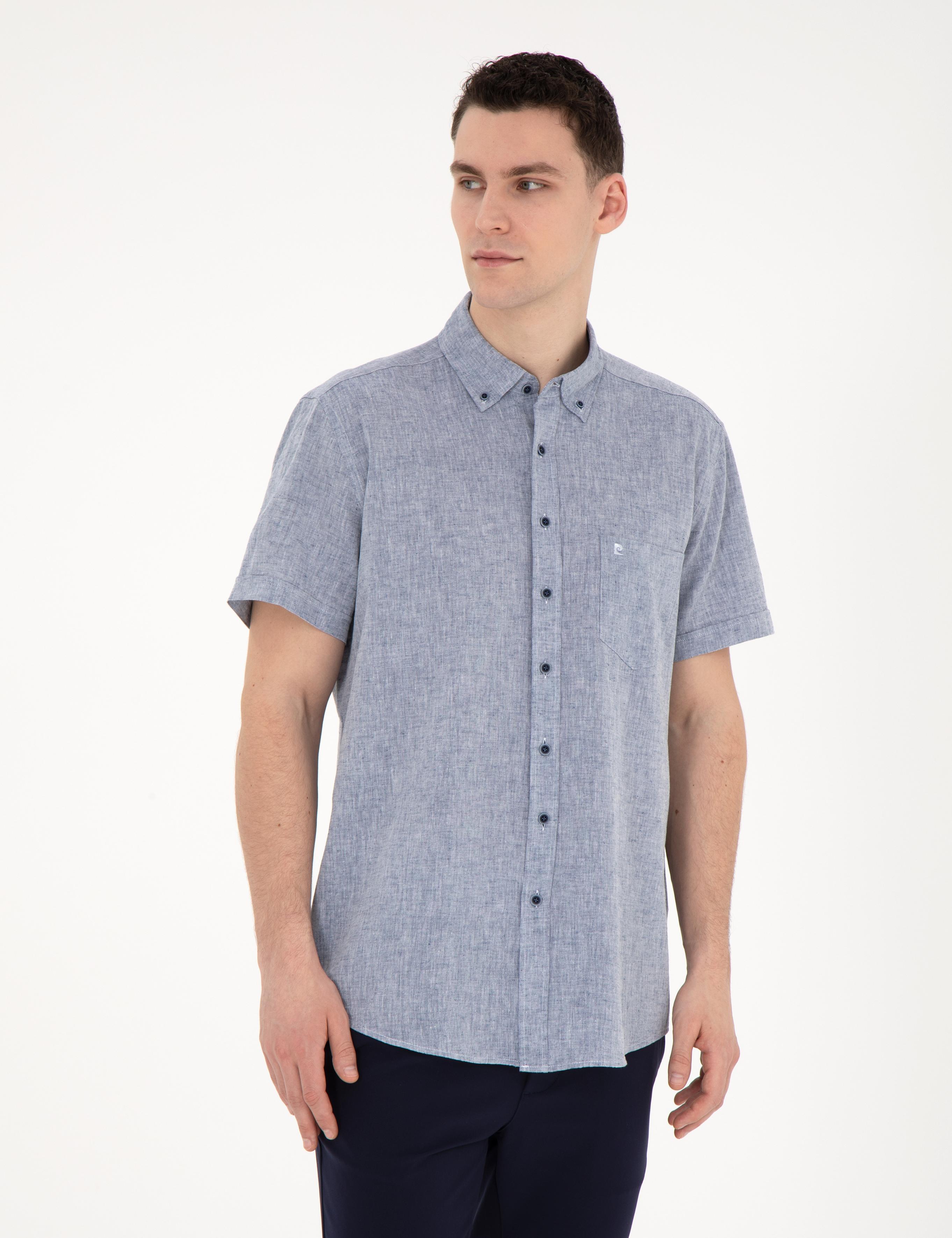 Lacivert Keten Karışımlı Regular Fit Kısa Kollu Gömlek
