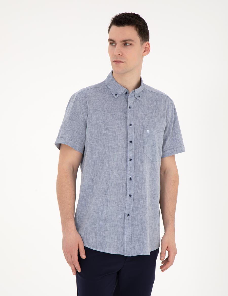 Lacivert Keten Karışımlı Regular Fit Kısa Kollu Gömlek