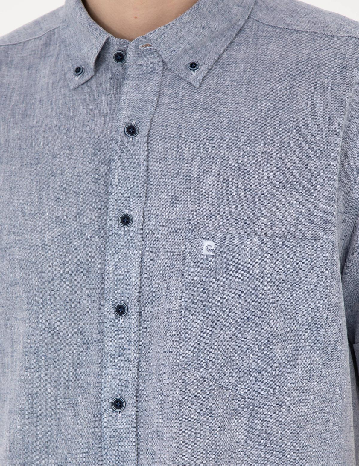 Lacivert Keten Karışımlı Regular Fit Kısa Kollu Gömlek - 50284166056