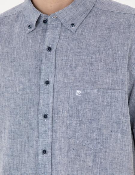 Lacivert Keten Karışımlı Regular Fit Kısa Kollu Gömlek - 50284166056