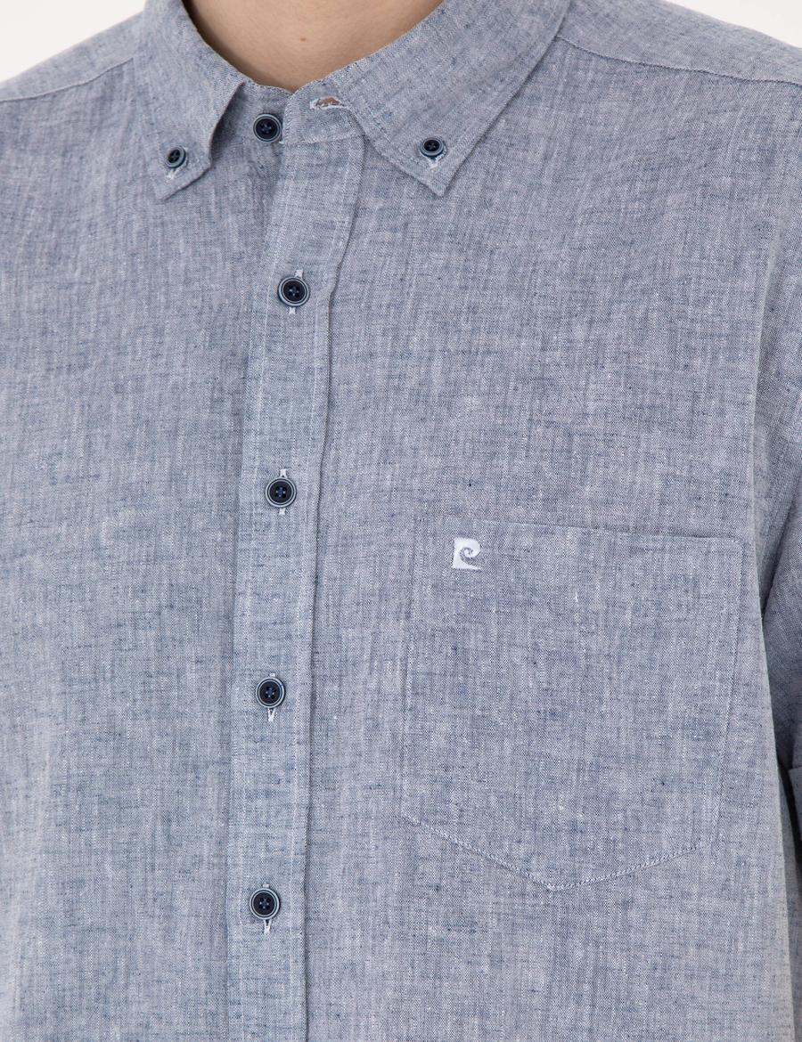 Lacivert Keten Karışımlı Regular Fit Kısa Kollu Gömlek