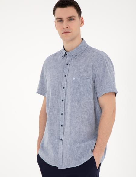 Lacivert Keten Karışımlı Regular Fit Kısa Kollu Gömlek - 50284166056